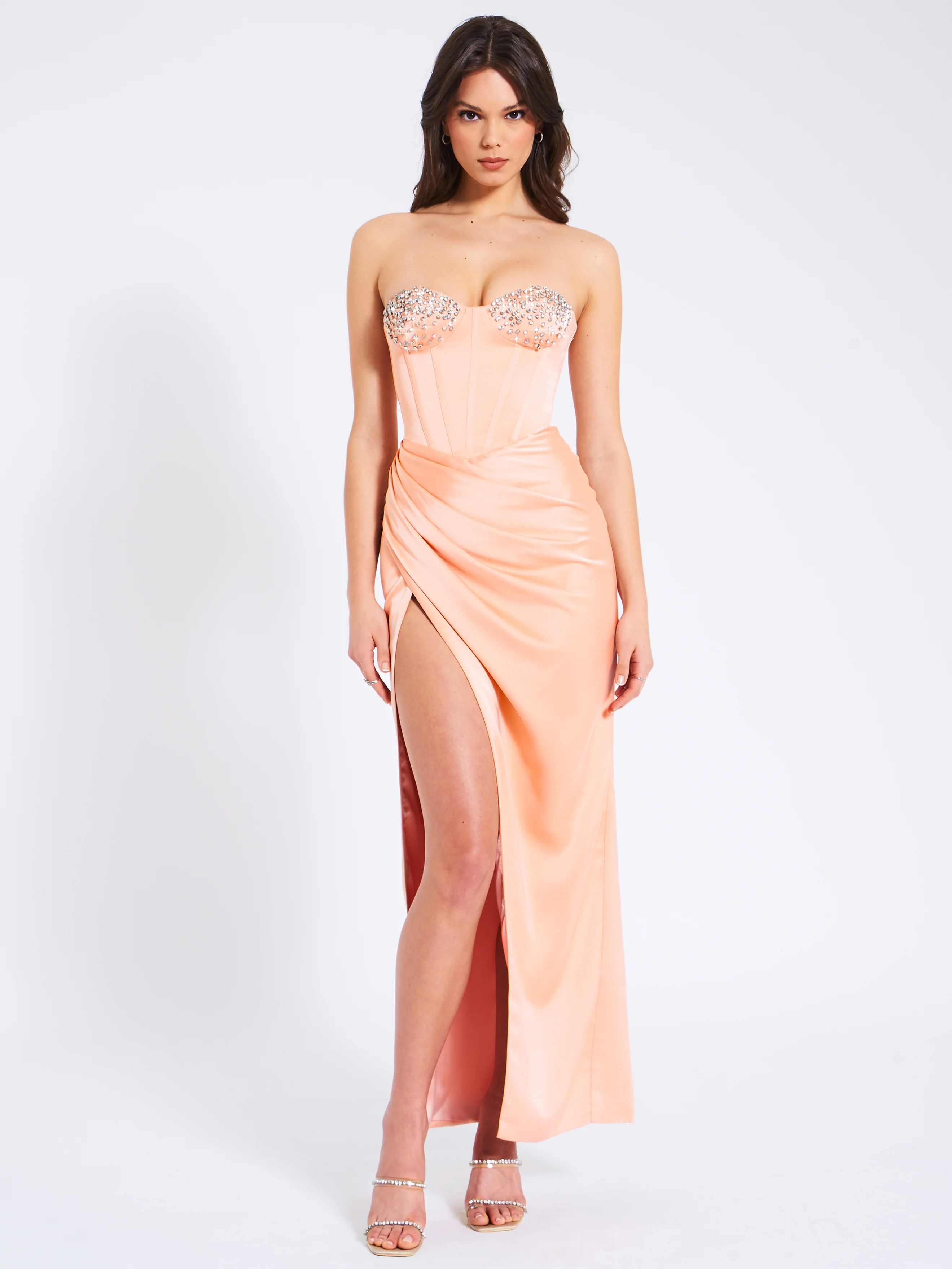 Amelia Blush Satin Corset Slit Gown With Crystal Embellished - Image 4