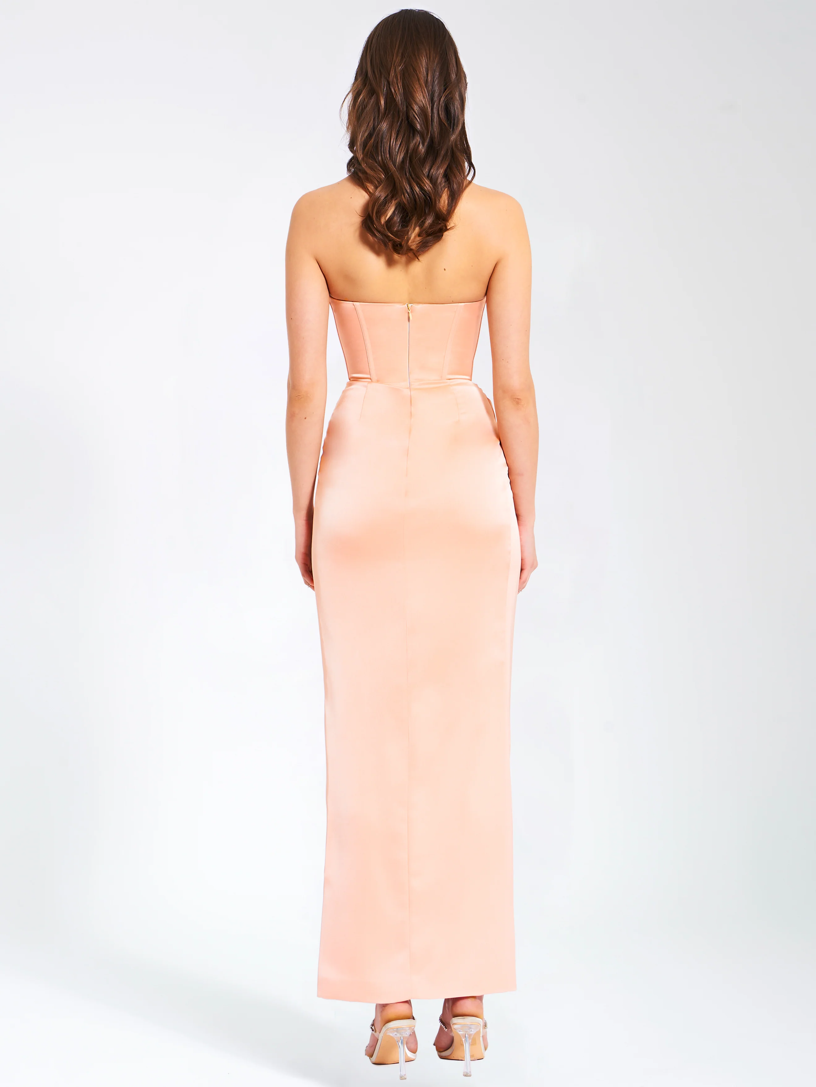 Amelia Blush Satin Corset Slit Gown With Crystal Embellished - Image 7
