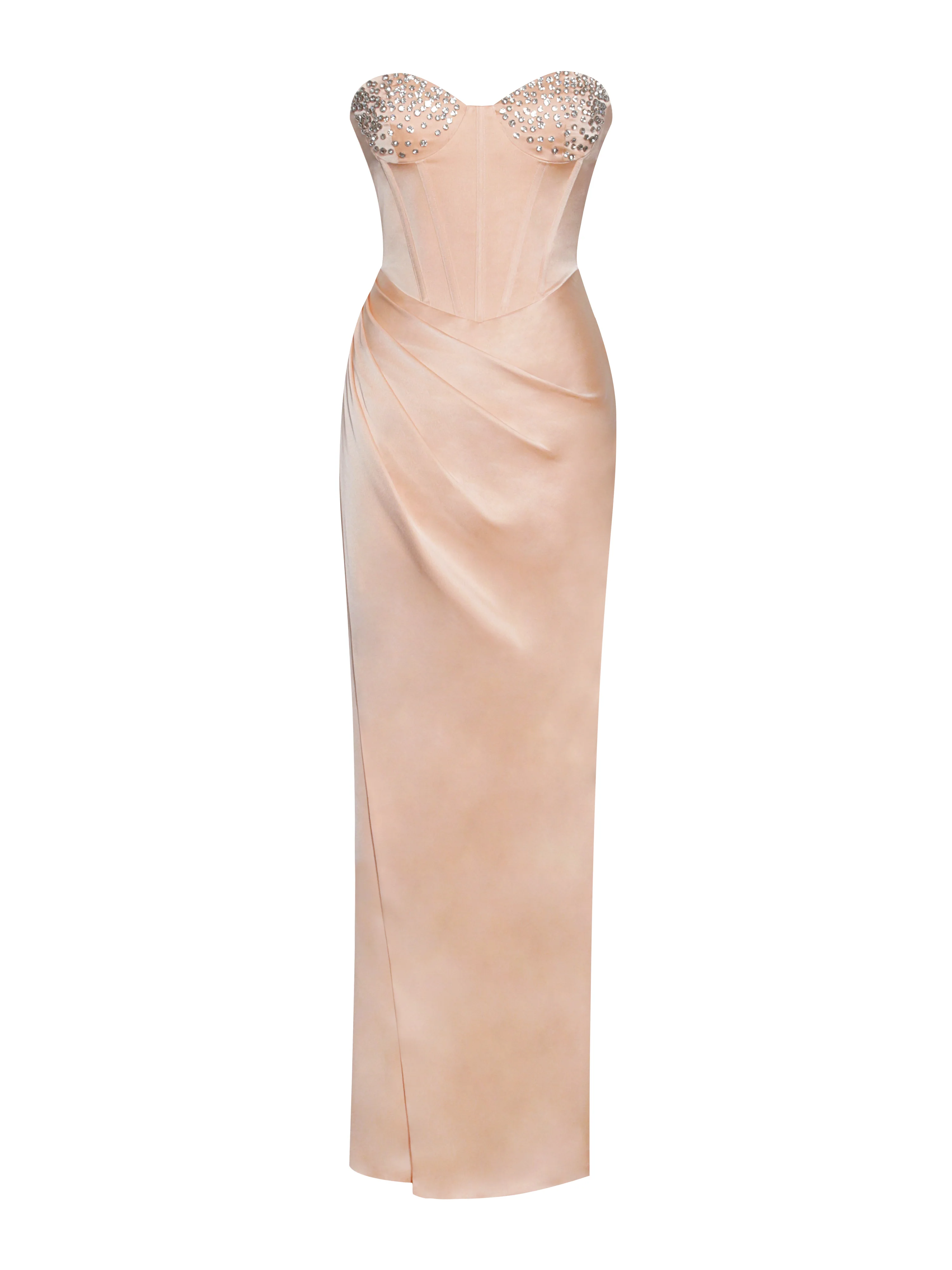 Amelia Blush Satin Corset Slit Gown With Crystal Embellished - Image 8