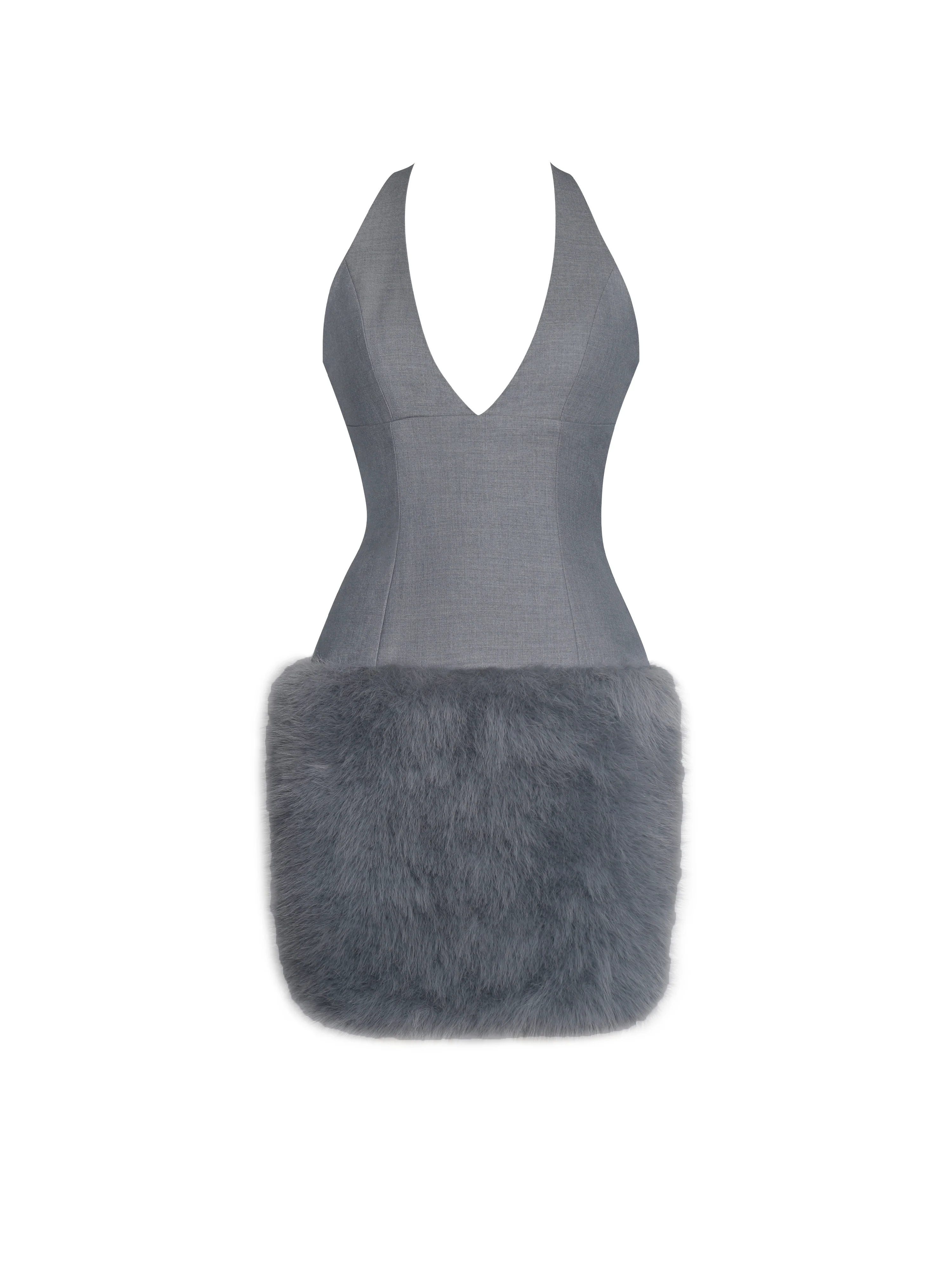 Daisy Grey Drop Waist Fur Trim Halter Mini Dress - Image 10