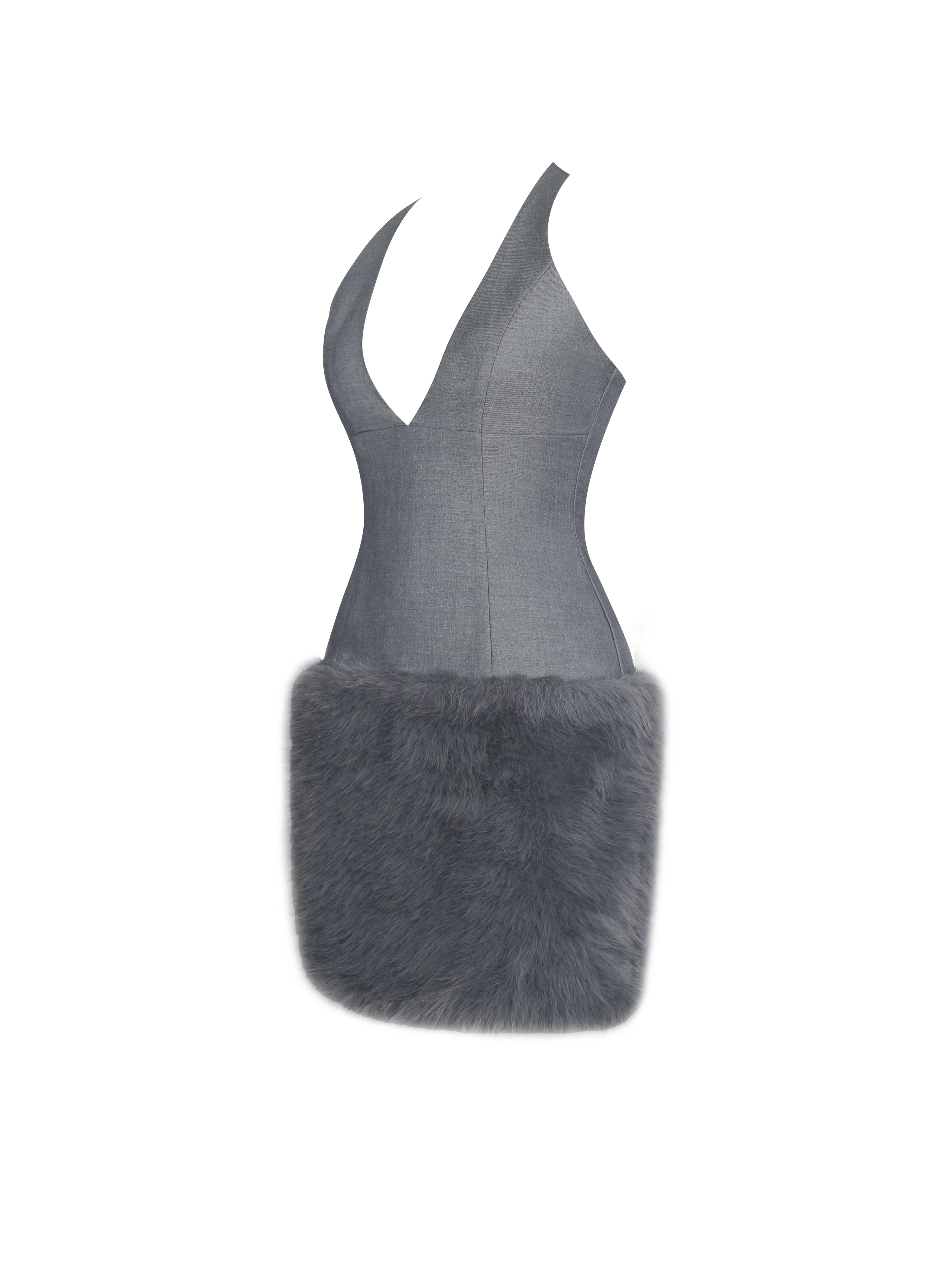 Daisy Grey Drop Waist Fur Trim Halter Mini Dress - Image 11