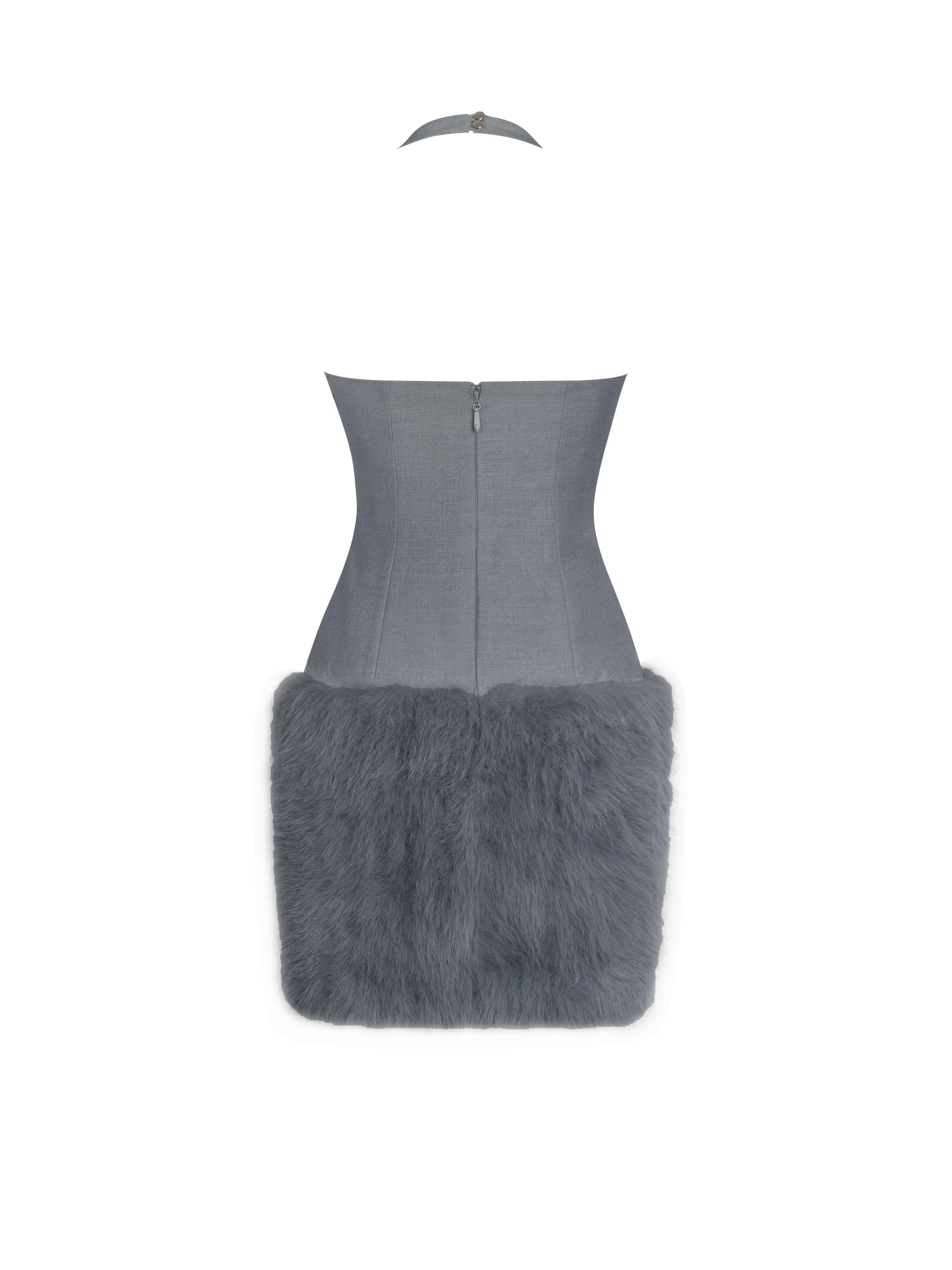 Daisy Grey Drop Waist Fur Trim Halter Mini Dress - Image 12