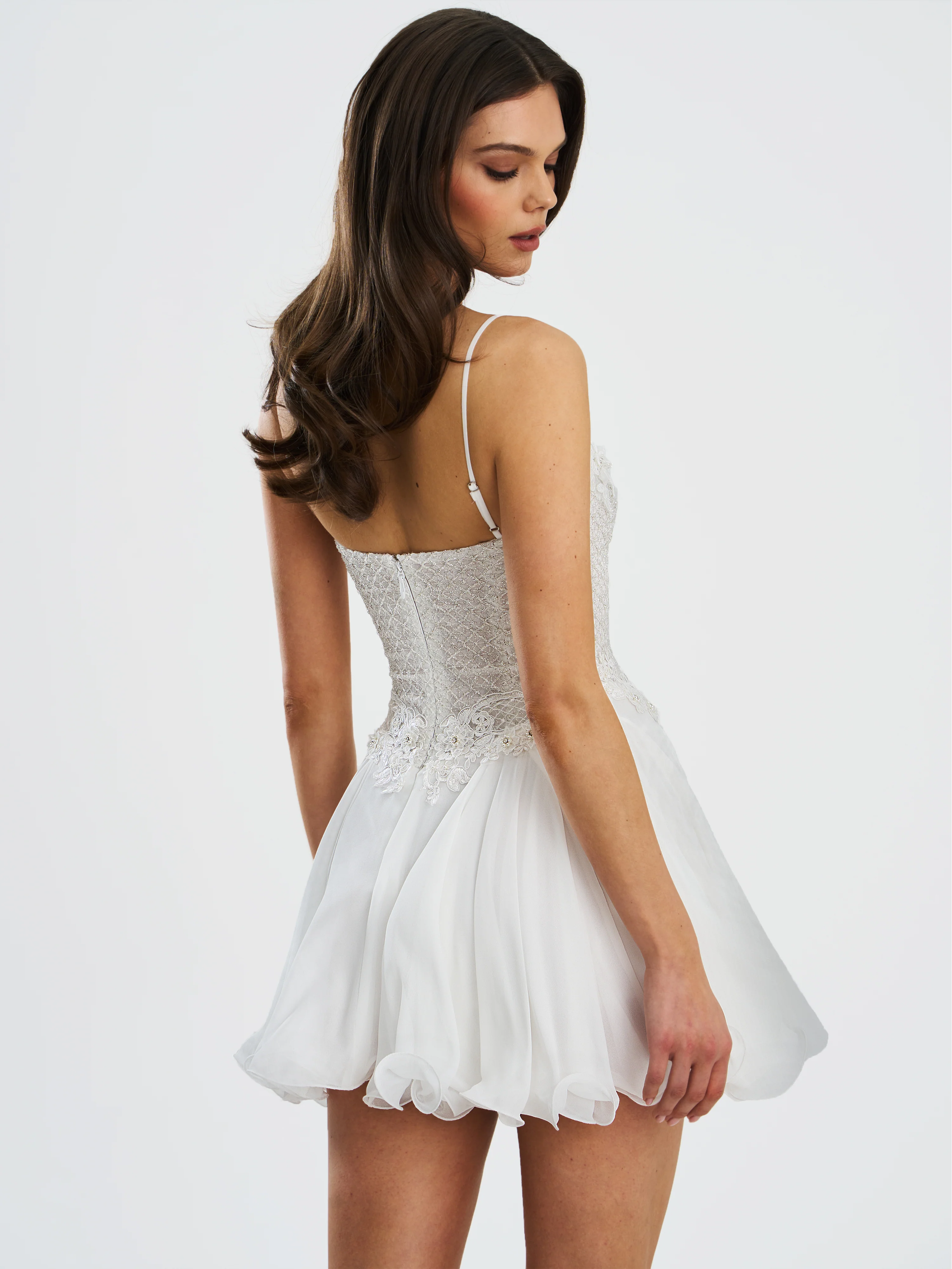 Fabiola Lace Trim Silver Net Top Mini Flare Chiffon Dress - Image 8