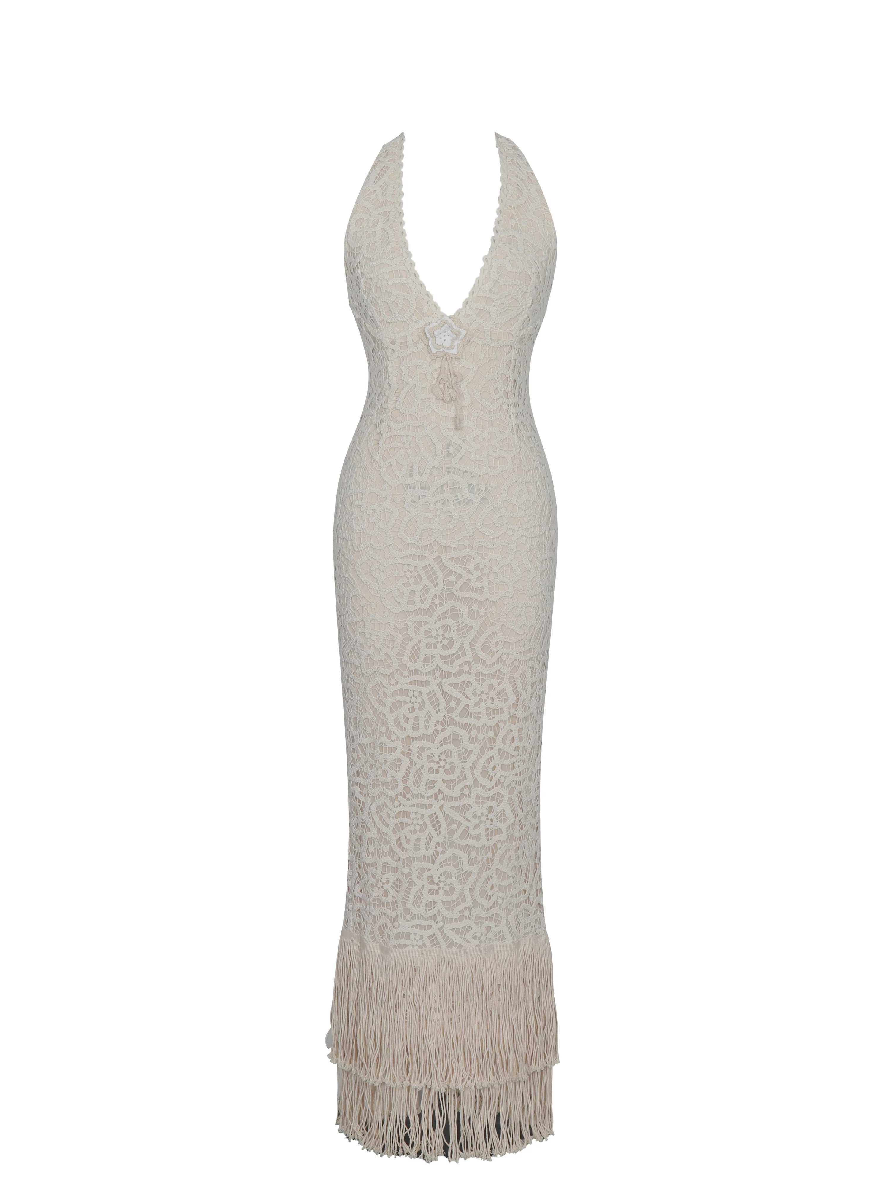Faelyn Off-White Double Fringe Crochet Halter Maxi Dress - Image 11