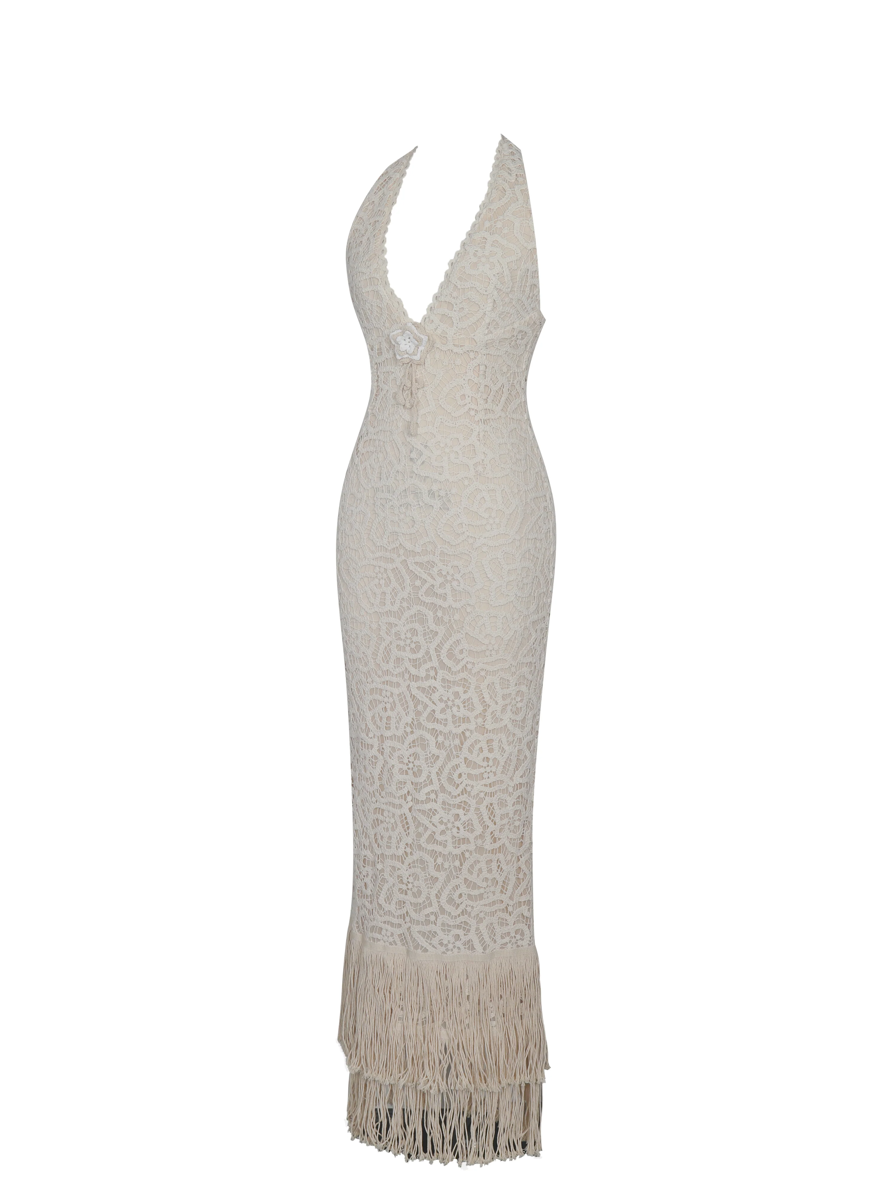 Faelyn Off-White Double Fringe Crochet Halter Maxi Dress - Image 12