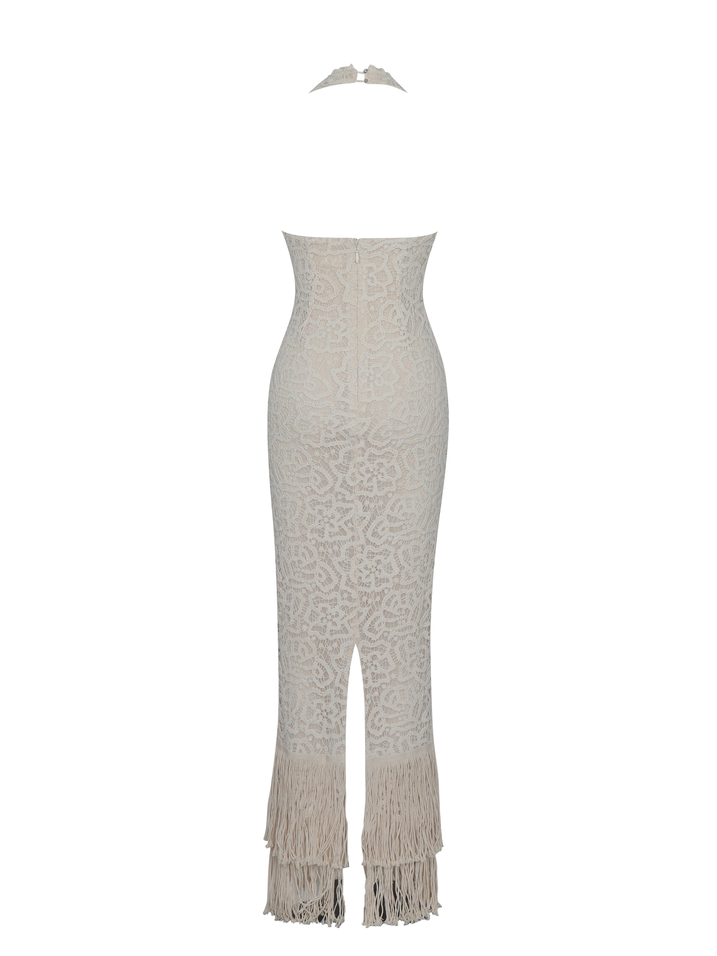Faelyn Off-White Double Fringe Crochet Halter Maxi Dress - Image 13