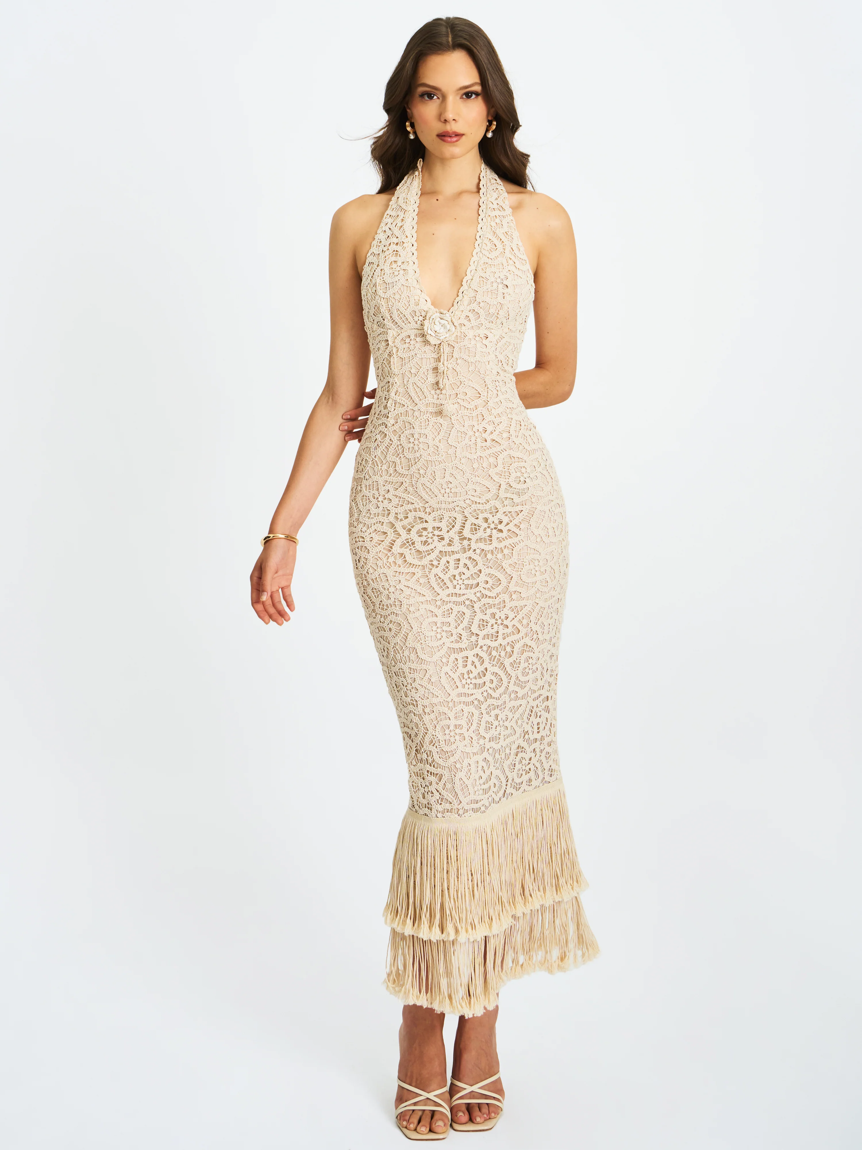 Faelyn Off-White Double Fringe Crochet Halter Maxi Dress - Image 3