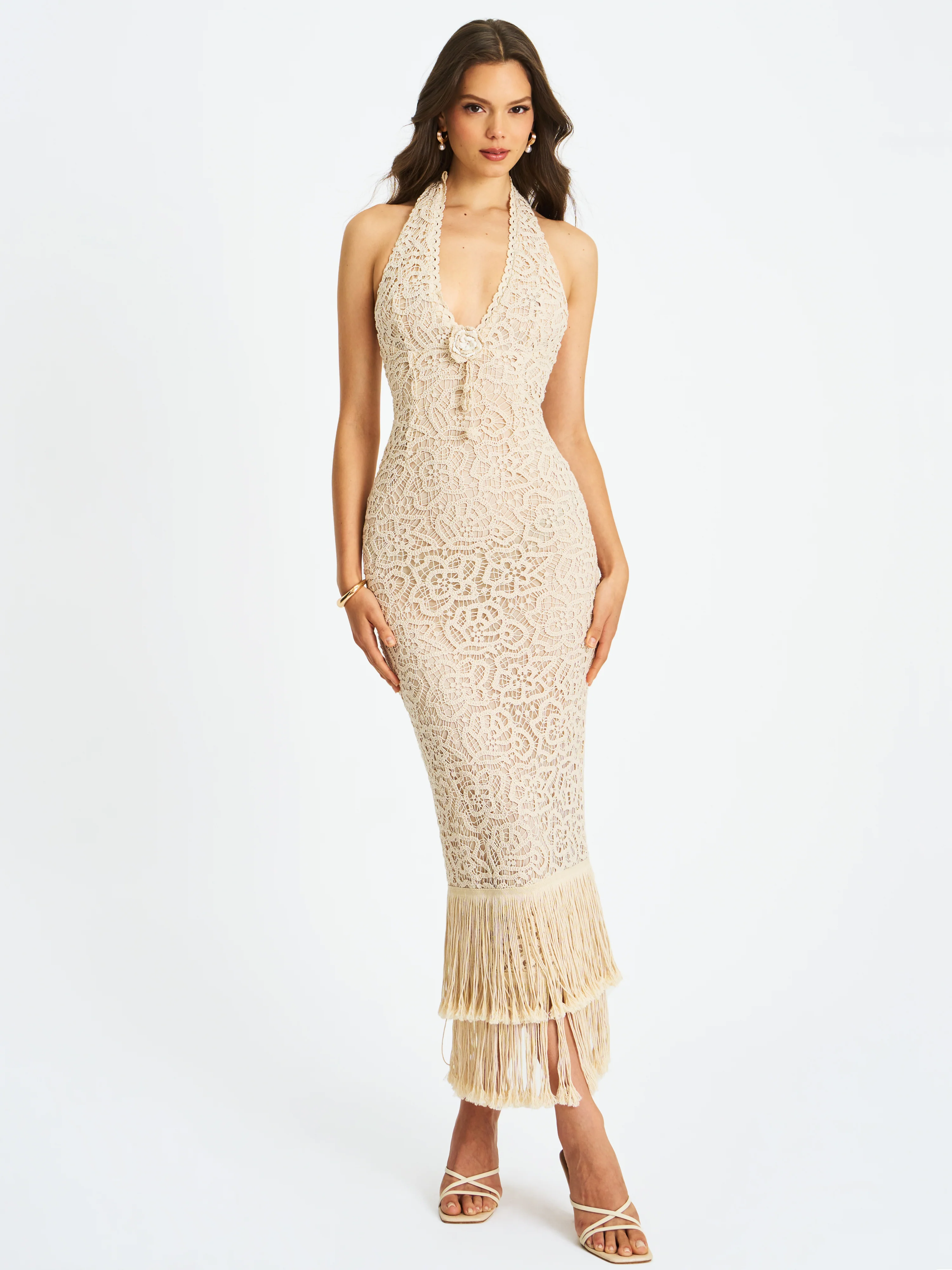 Faelyn Off-White Double Fringe Crochet Halter Maxi Dress - Image 4