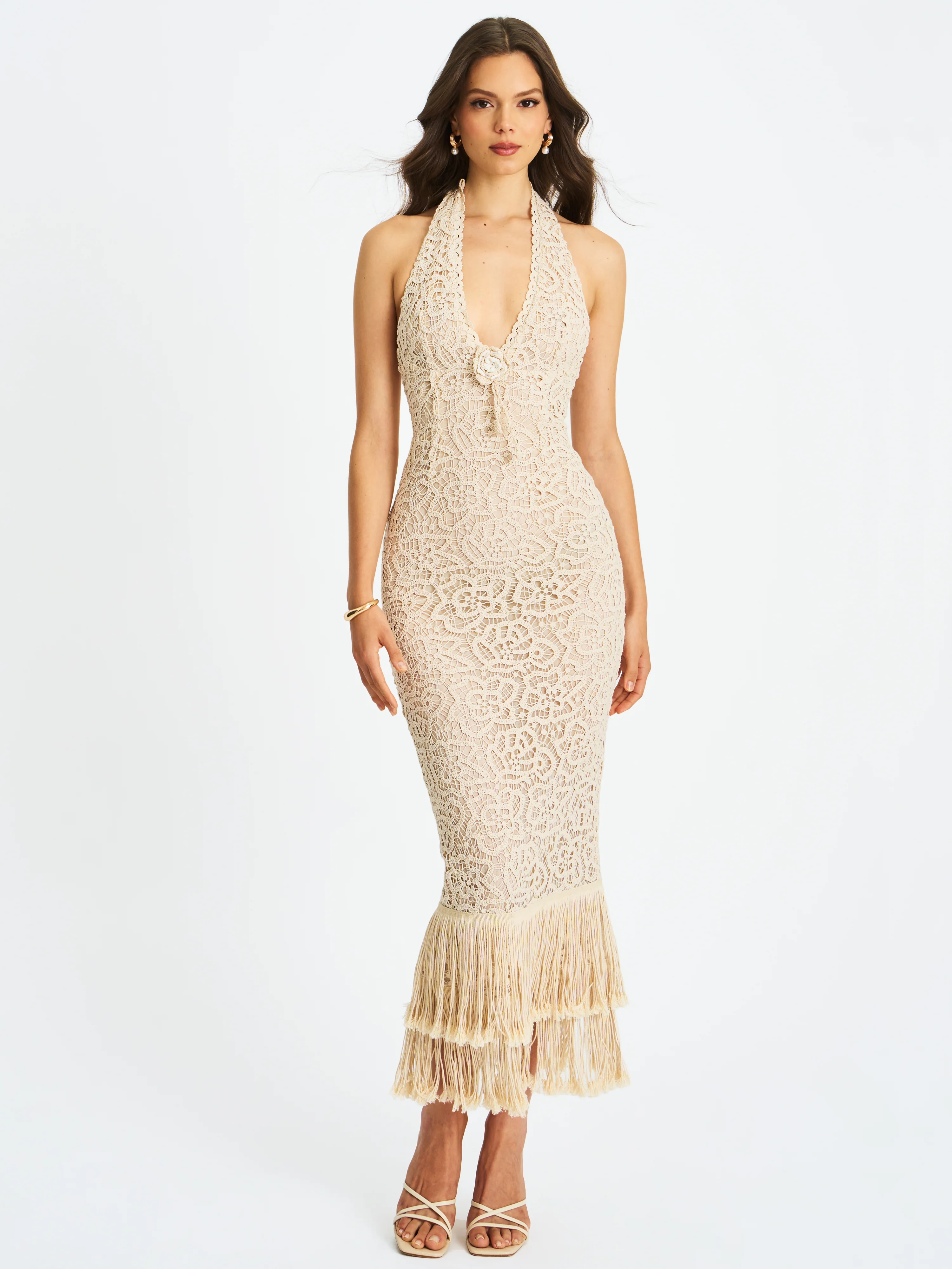 Faelyn Off-White Double Fringe Crochet Halter Maxi Dress - Image 5