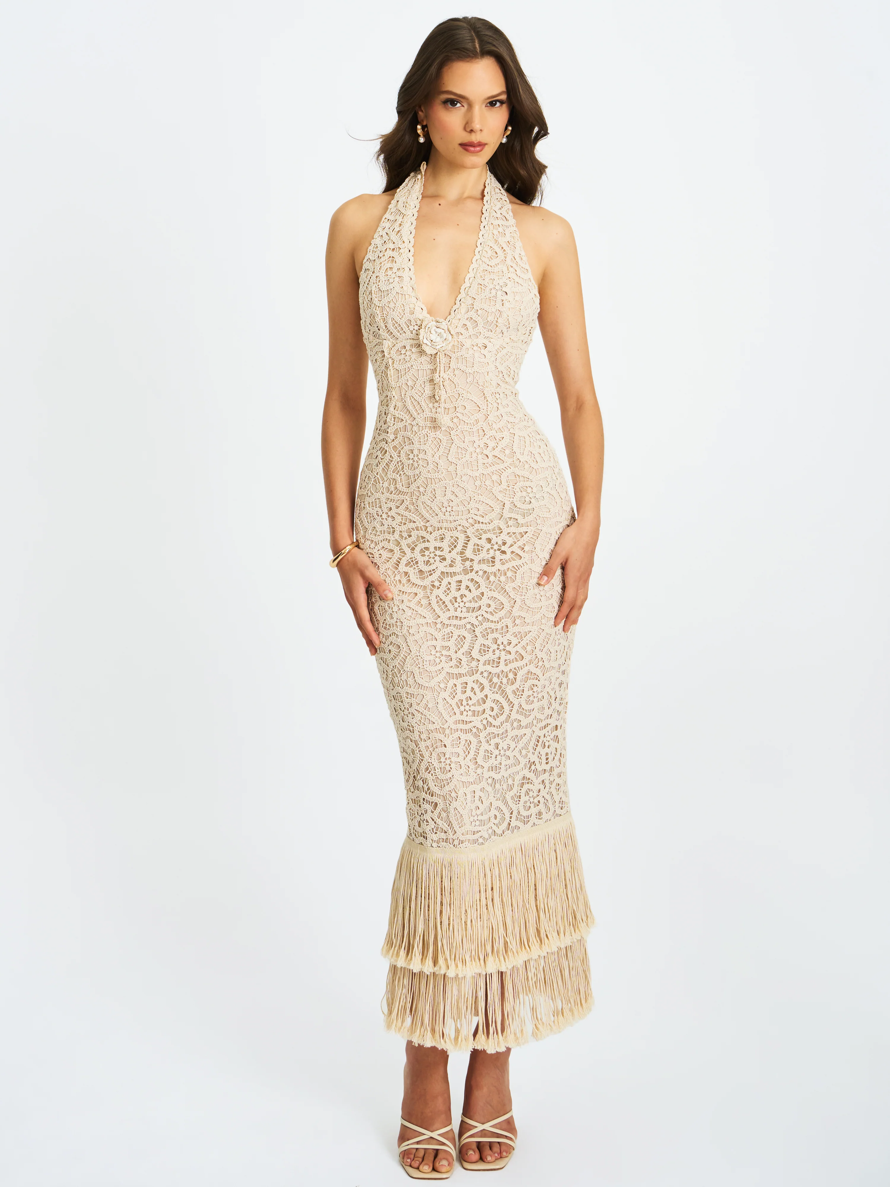 Faelyn Off-White Double Fringe Crochet Halter Maxi Dress - Image 6