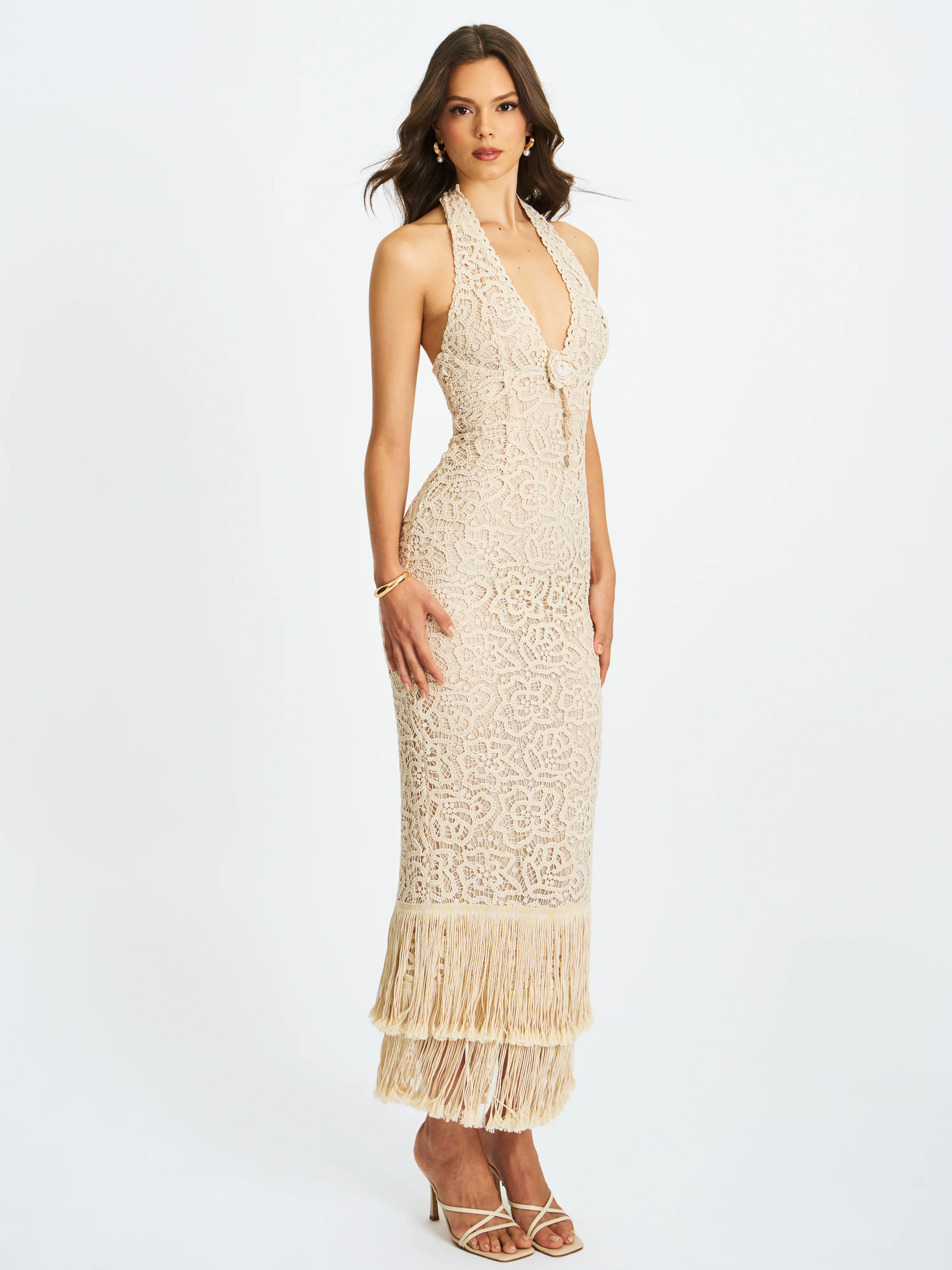 Faelyn Off-White Double Fringe Crochet Halter Maxi Dress - Image 7
