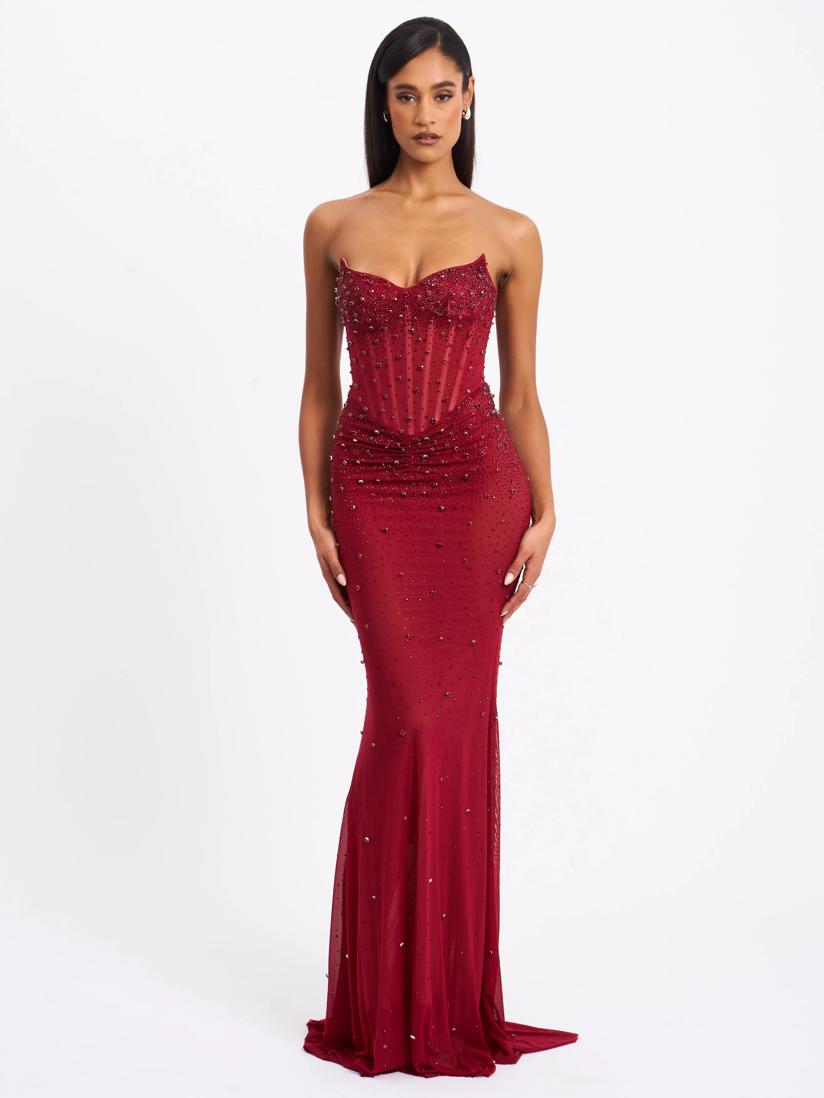 Fatima Burgundy Crystal Sleeveless Corset Mermaid Maxi Dress - Image 4