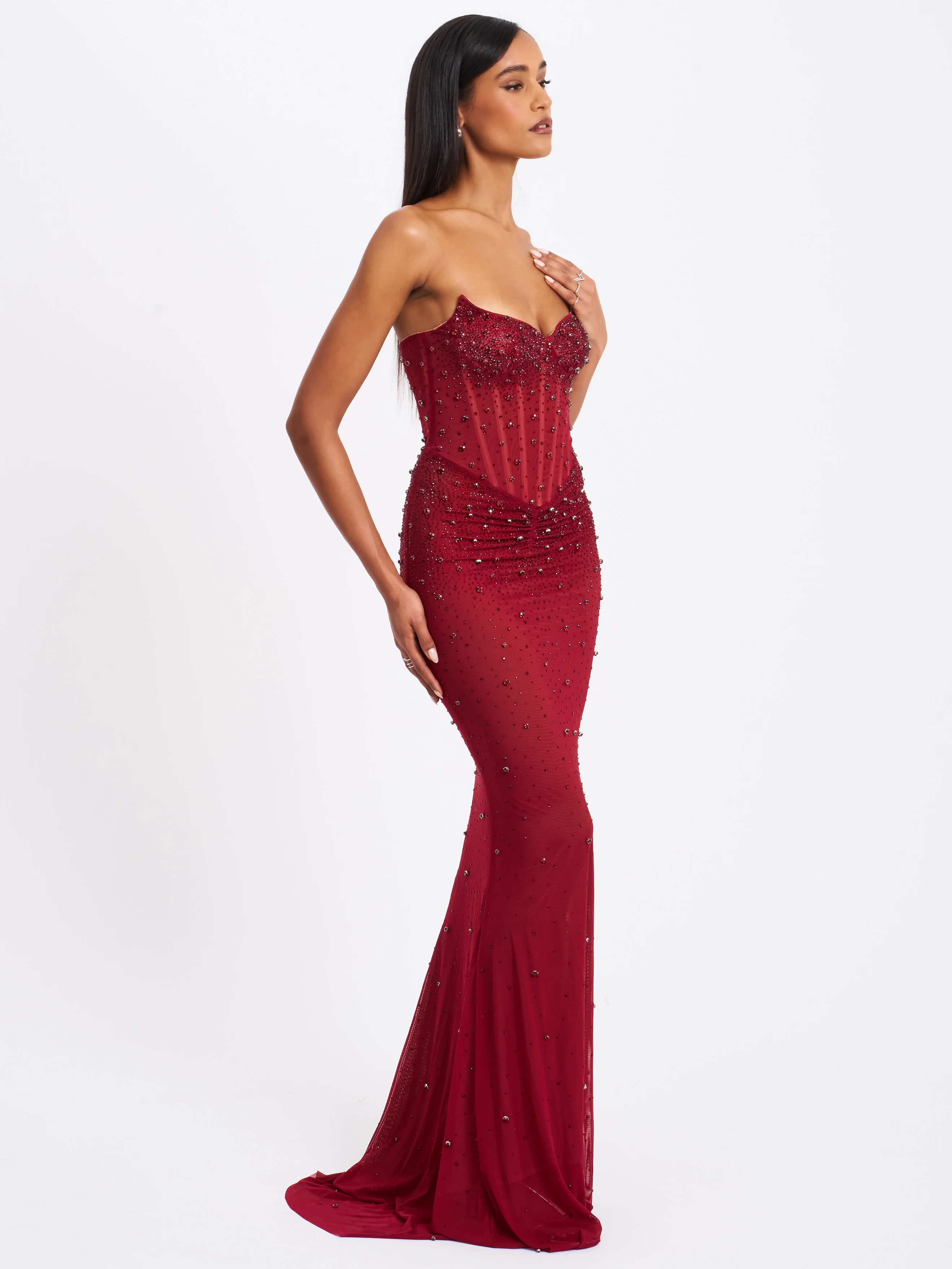Fatima Burgundy Crystal Sleeveless Corset Mermaid Maxi Dress - Image 5