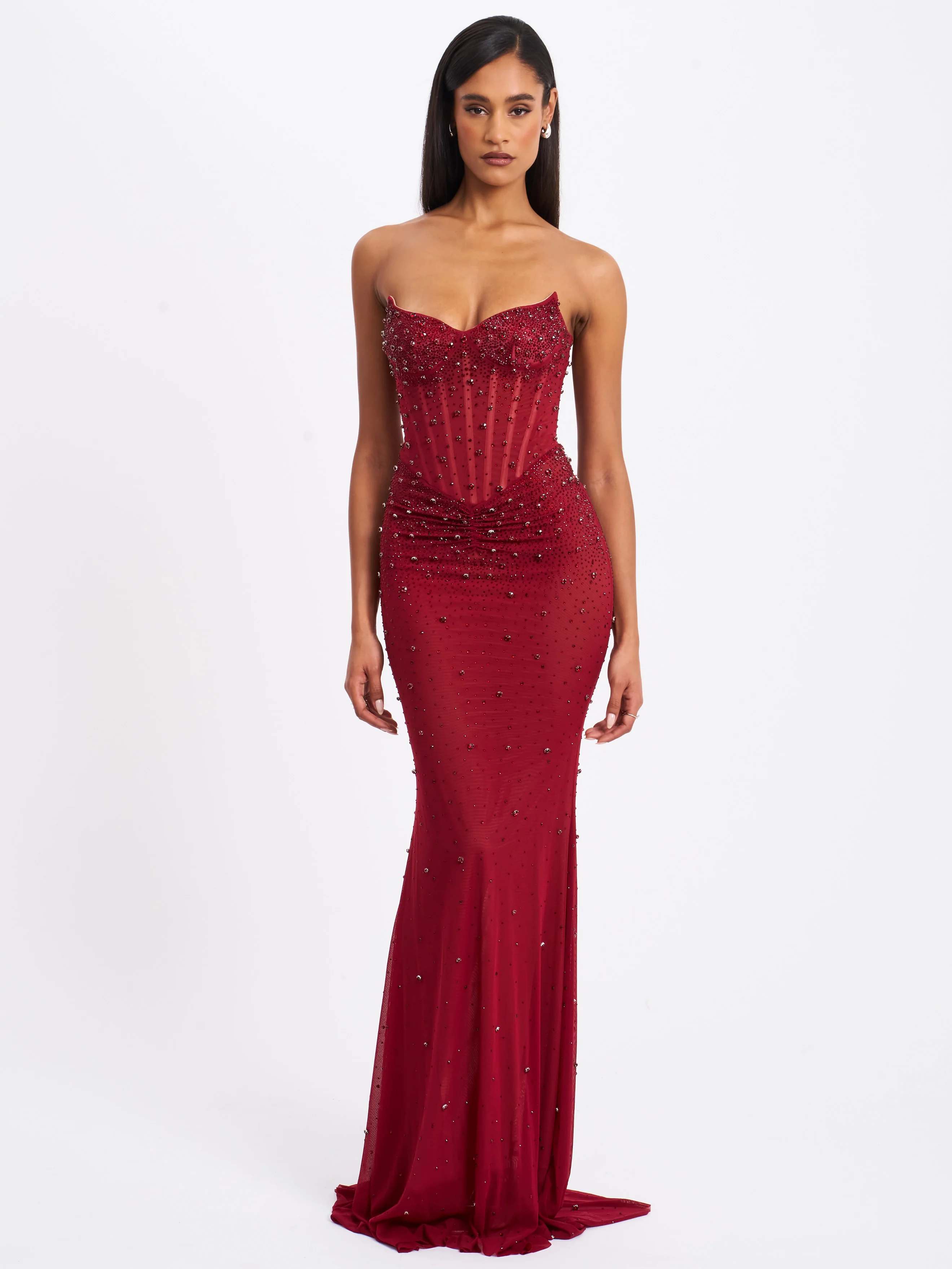 Fatima Burgundy Crystal Sleeveless Corset Mermaid Maxi Dress - Image 6