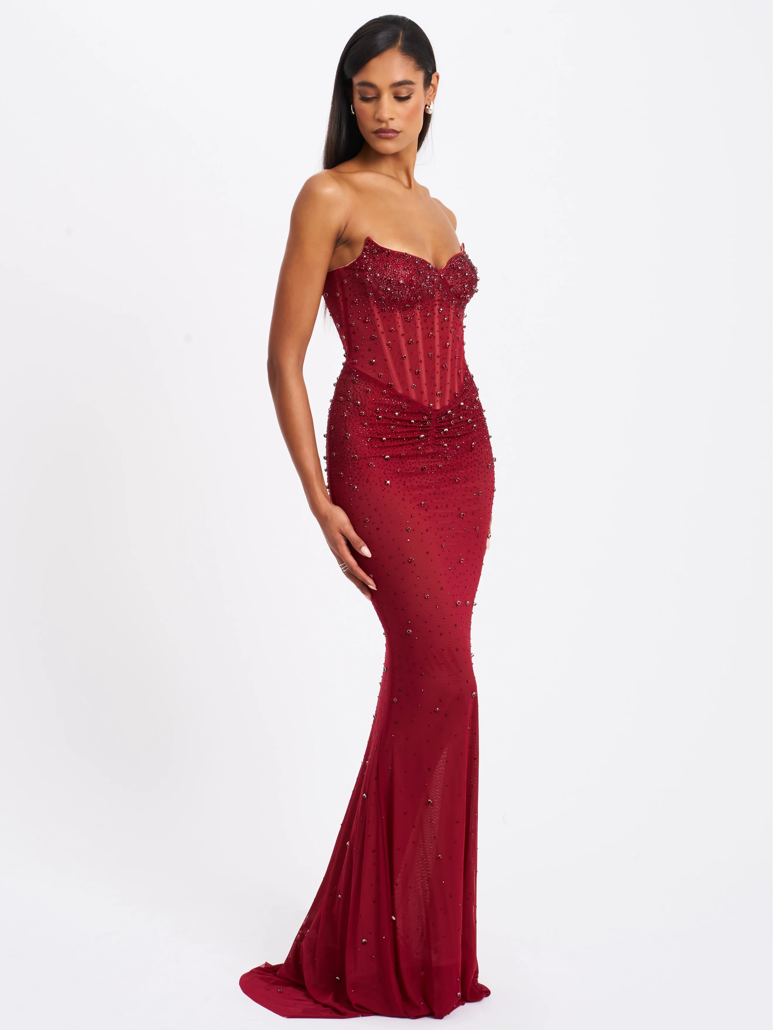 Fatima Burgundy Crystal Sleeveless Corset Mermaid Maxi Dress - Image 7