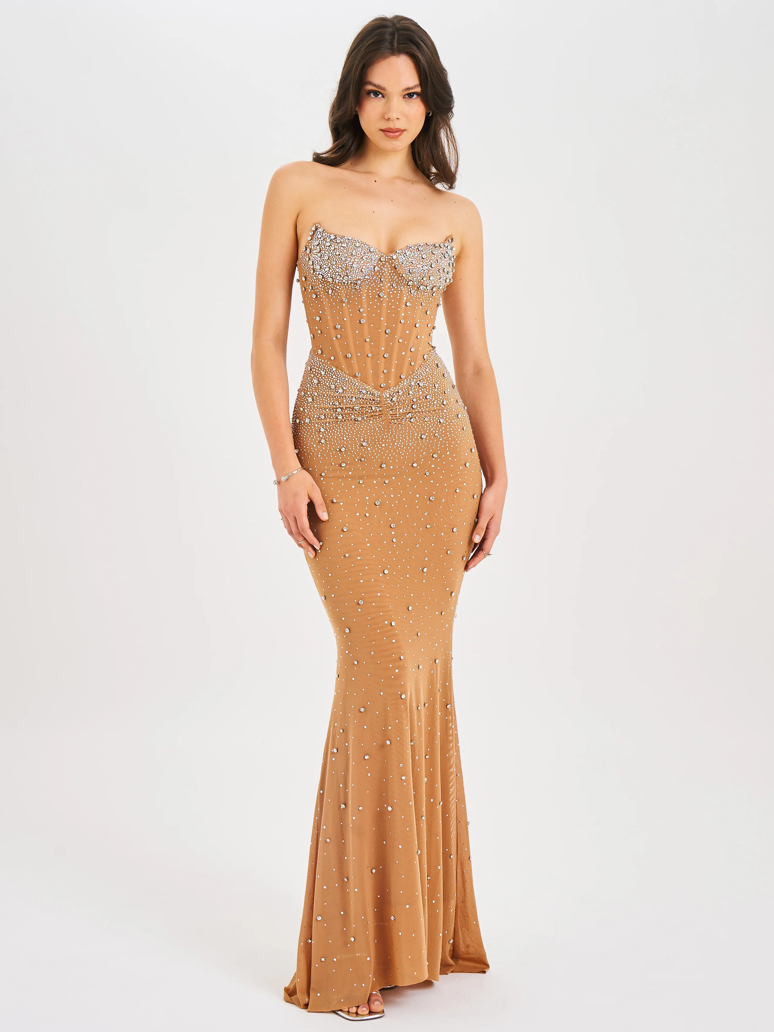Fatima Nude Crystal Sleeveless Corset Mermaid Maxi Dress - Image 11
