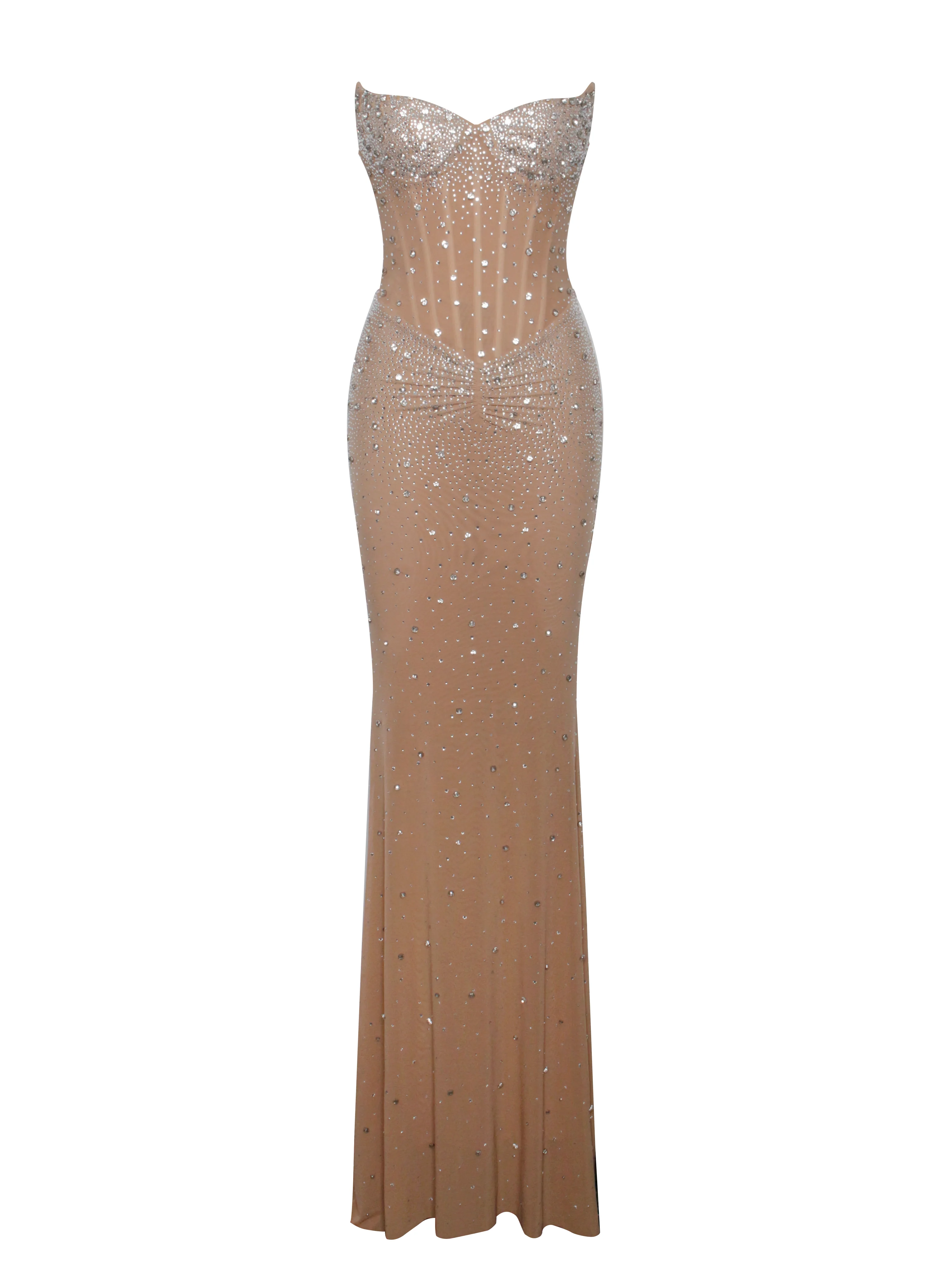 Fatima Nude Crystal Sleeveless Corset Mermaid Maxi Dress - Image 12