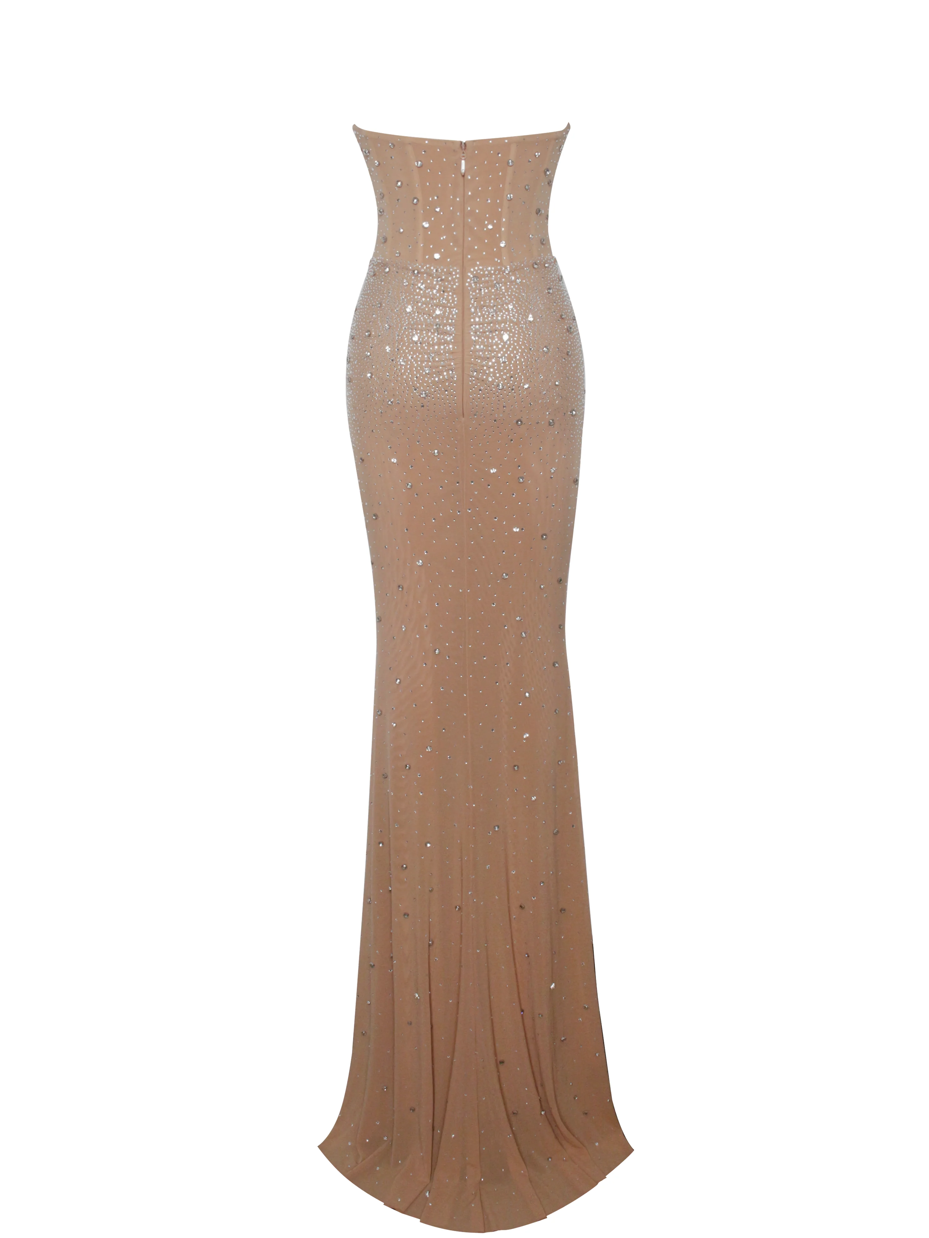 Fatima Nude Crystal Sleeveless Corset Mermaid Maxi Dress - Image 14