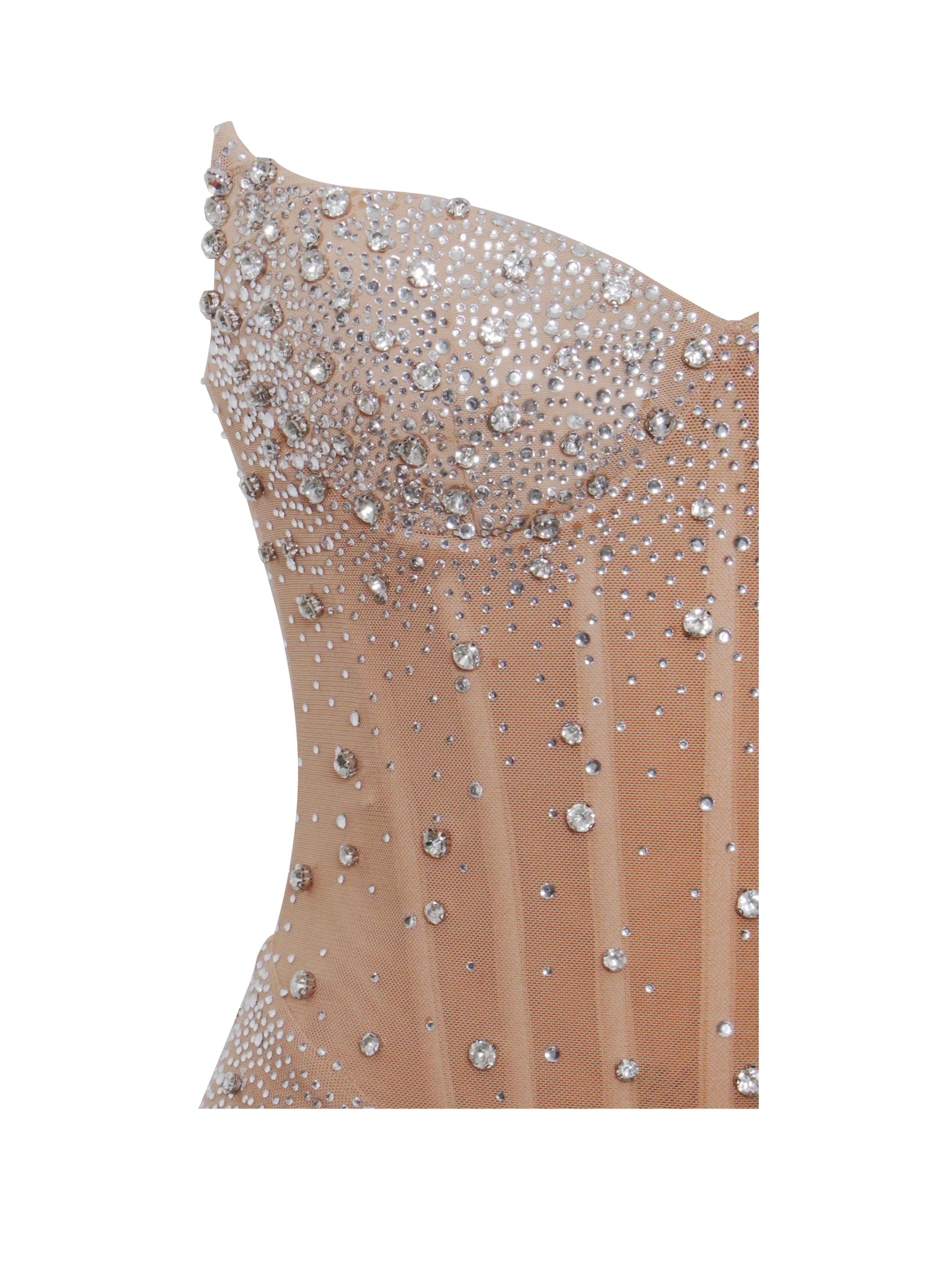 Fatima Nude Crystal Sleeveless Corset Mermaid Maxi Dress - Image 15