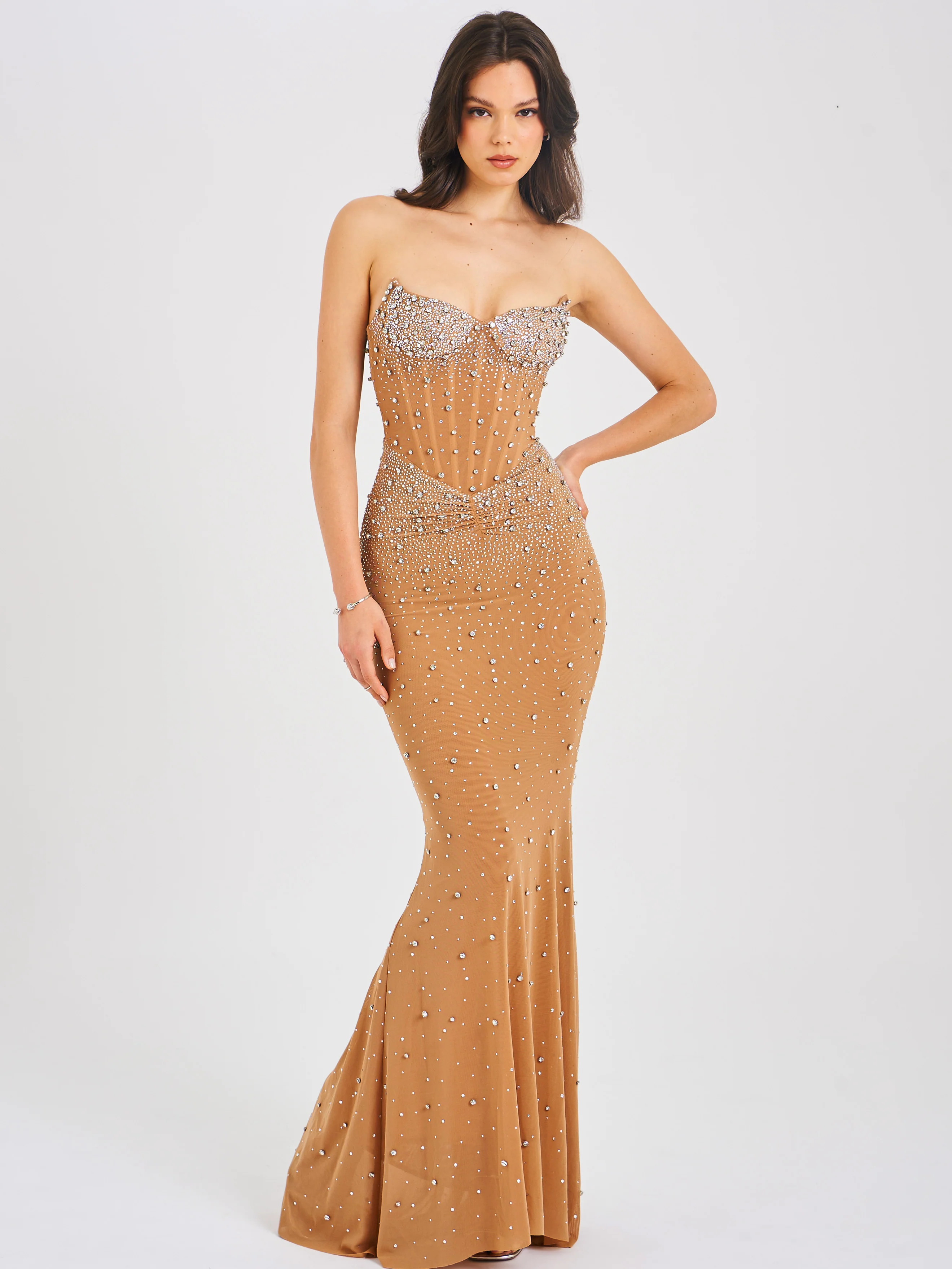 Fatima Nude Crystal Sleeveless Corset Mermaid Maxi Dress - Image 8