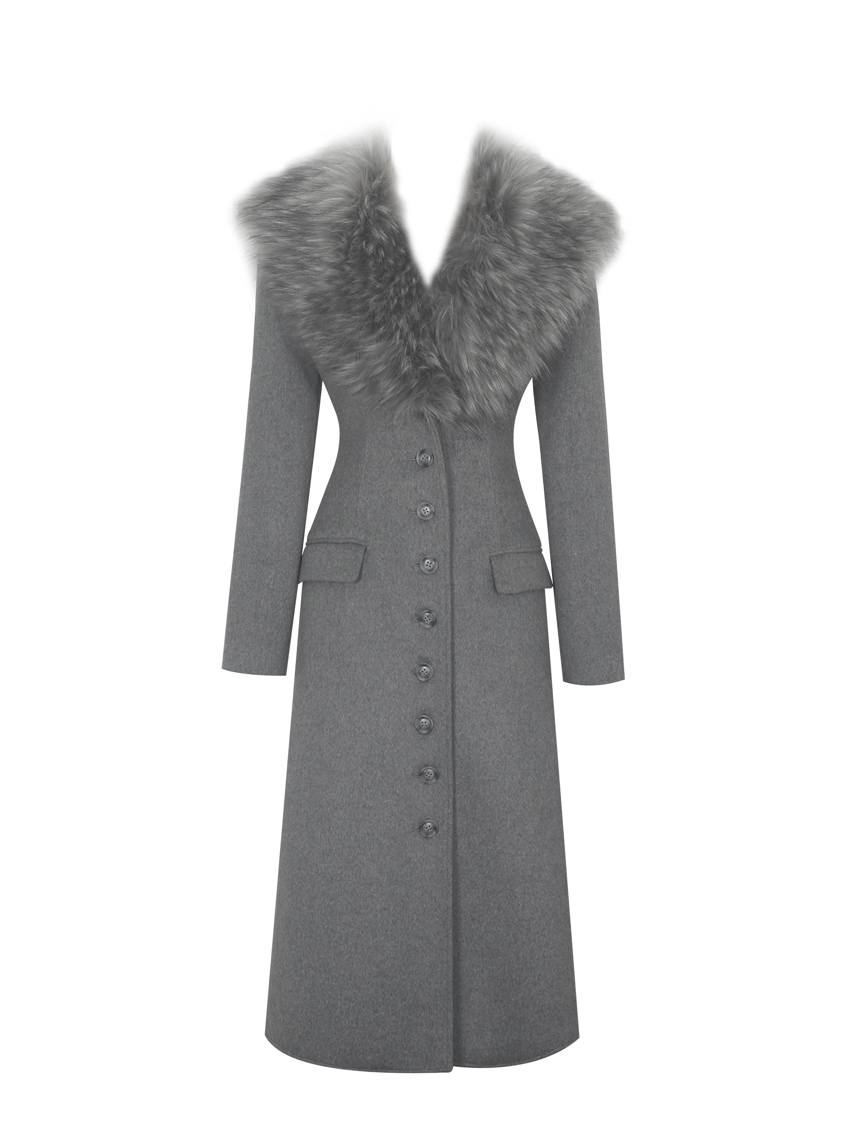 Faye Grey Wool Blend Single-Breasted Coat with Removable Faux Fur Collar - Image 10