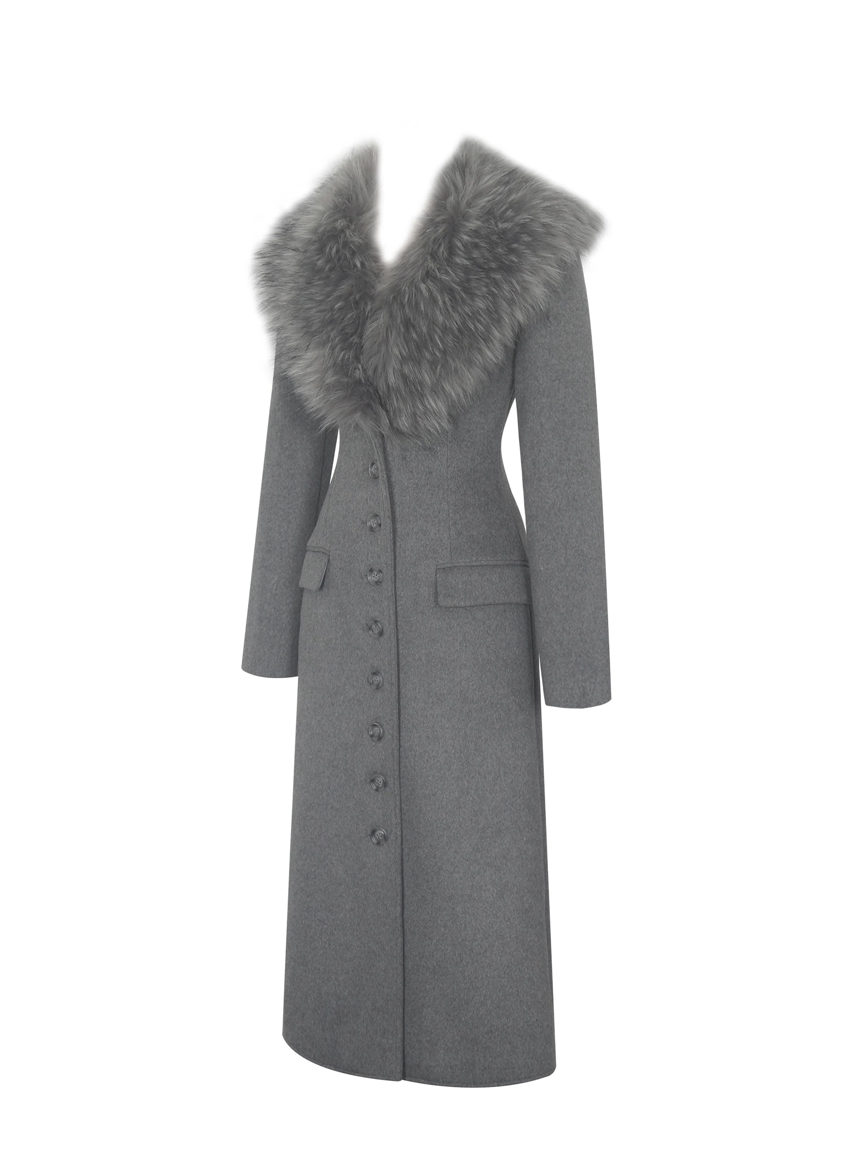 Faye Grey Wool Blend Single-Breasted Coat with Removable Faux Fur Collar - Image 11