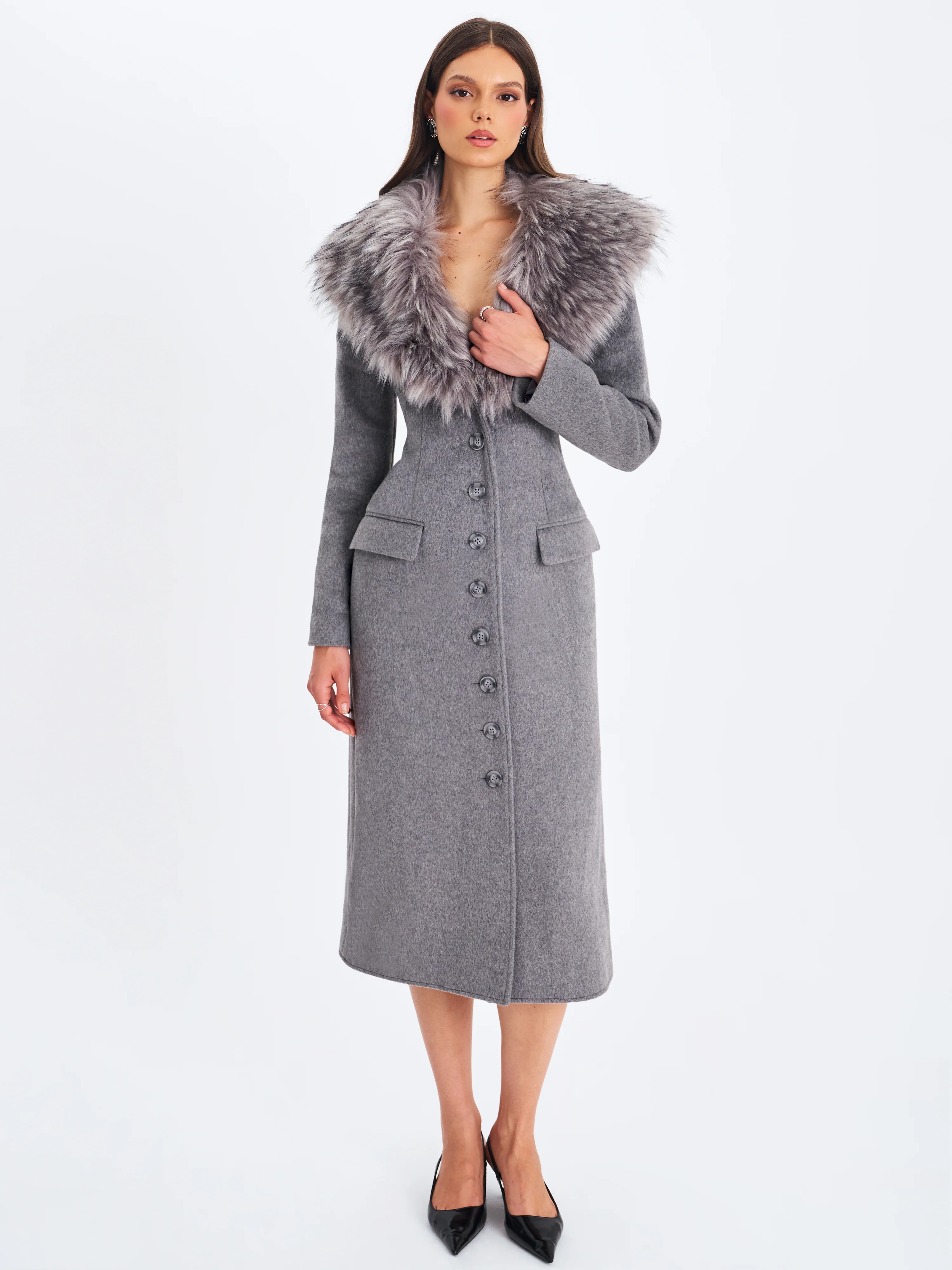 Faye Grey Wool Blend Single-Breasted Coat with Removable Faux Fur Collar - Image 3