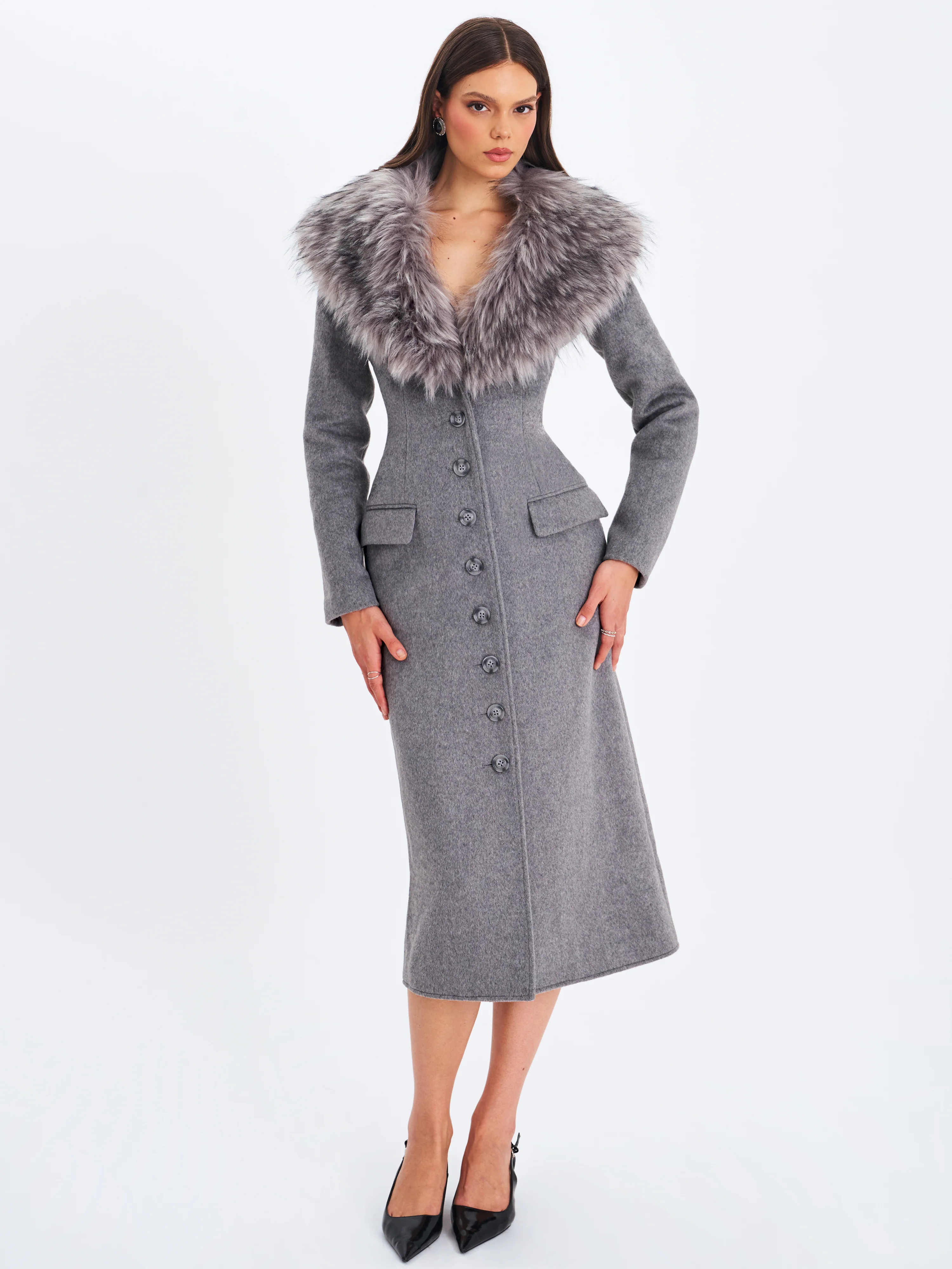 Faye Grey Wool Blend Single-Breasted Coat with Removable Faux Fur Collar - Image 5