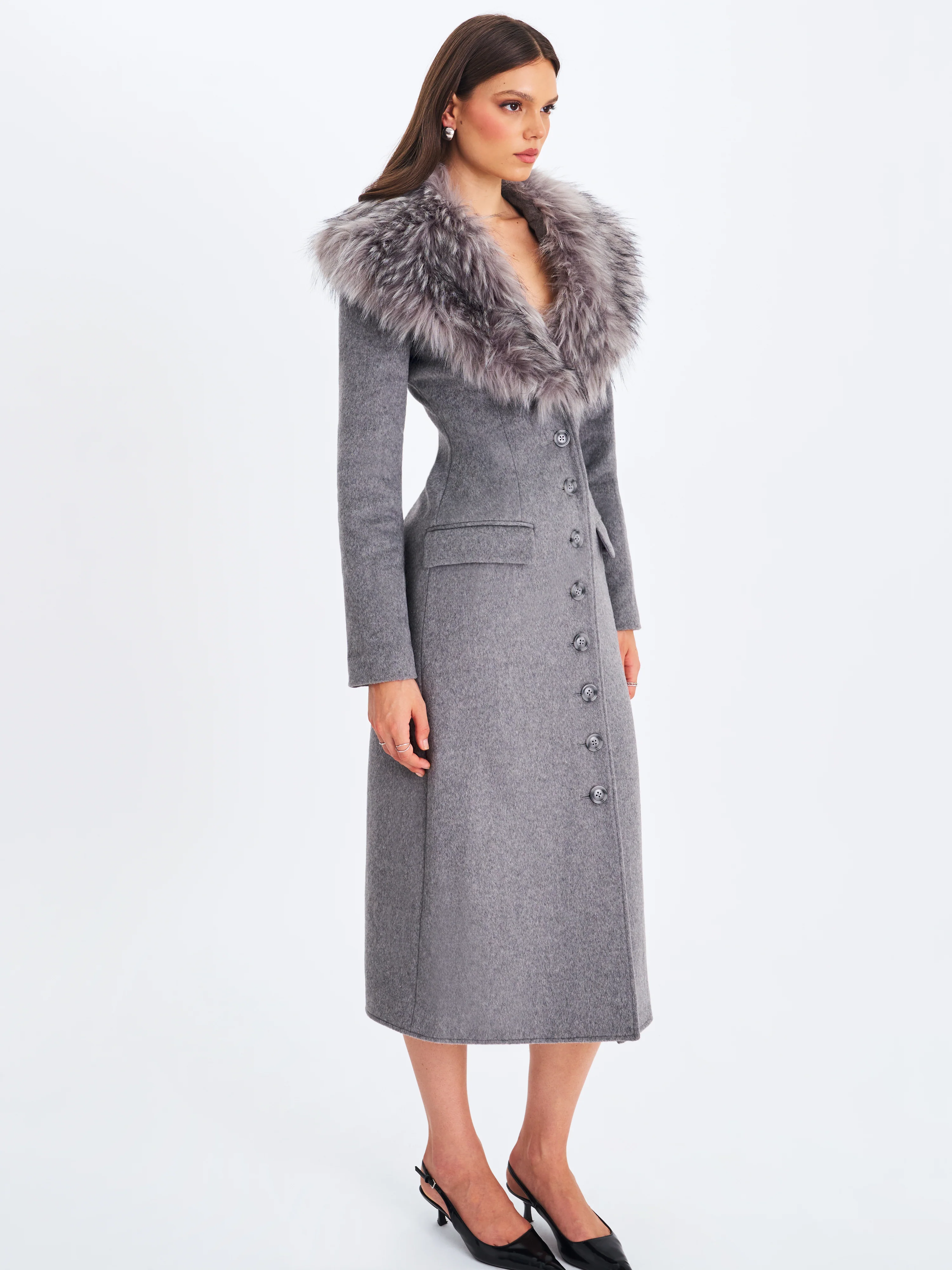Faye Grey Wool Blend Single-Breasted Coat with Removable Faux Fur Collar - Image 6