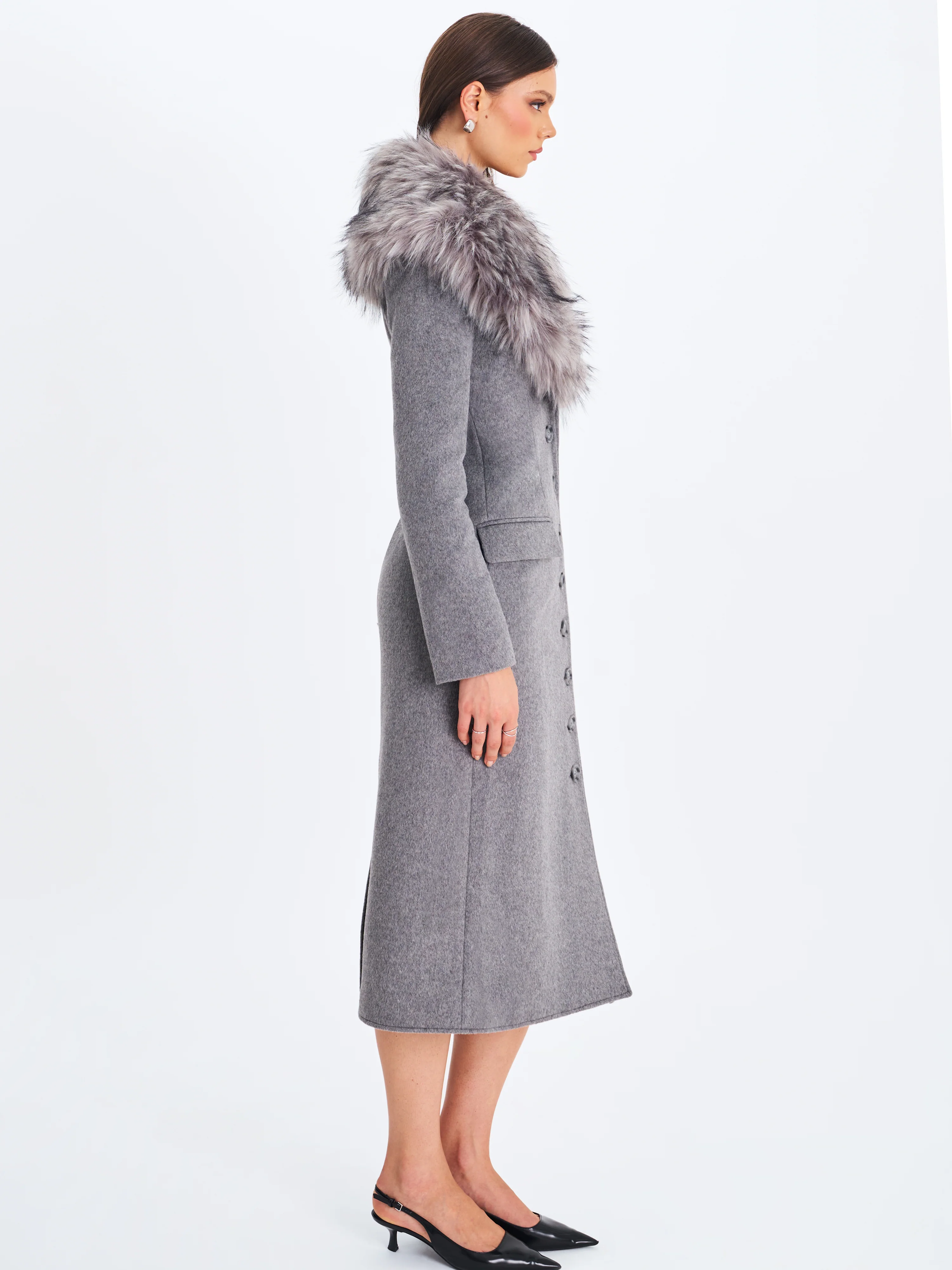 Faye Grey Wool Blend Single-Breasted Coat with Removable Faux Fur Collar - Image 7