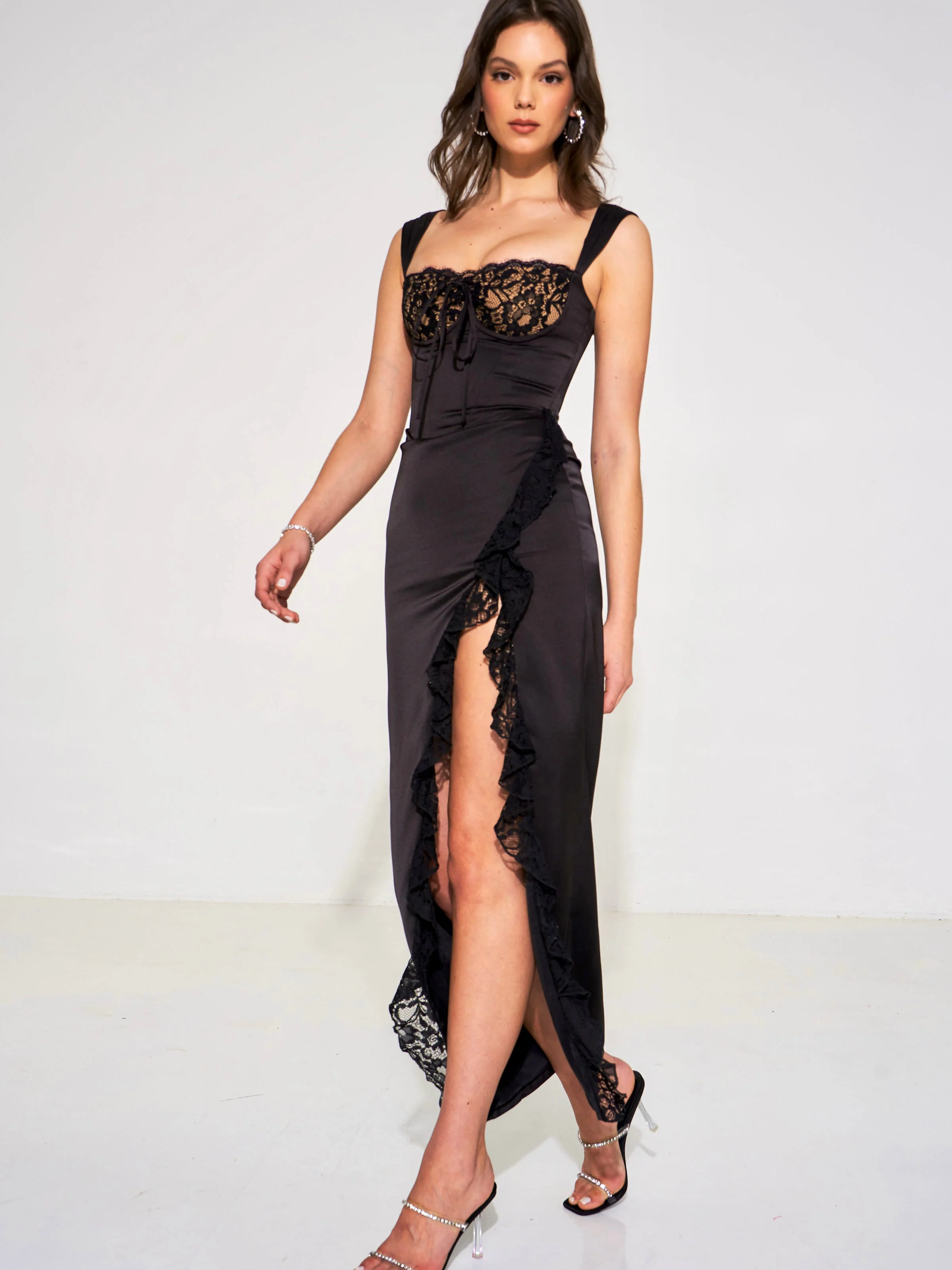 Freddie Black Lace Satin Maxi Corset Dress - Image 5