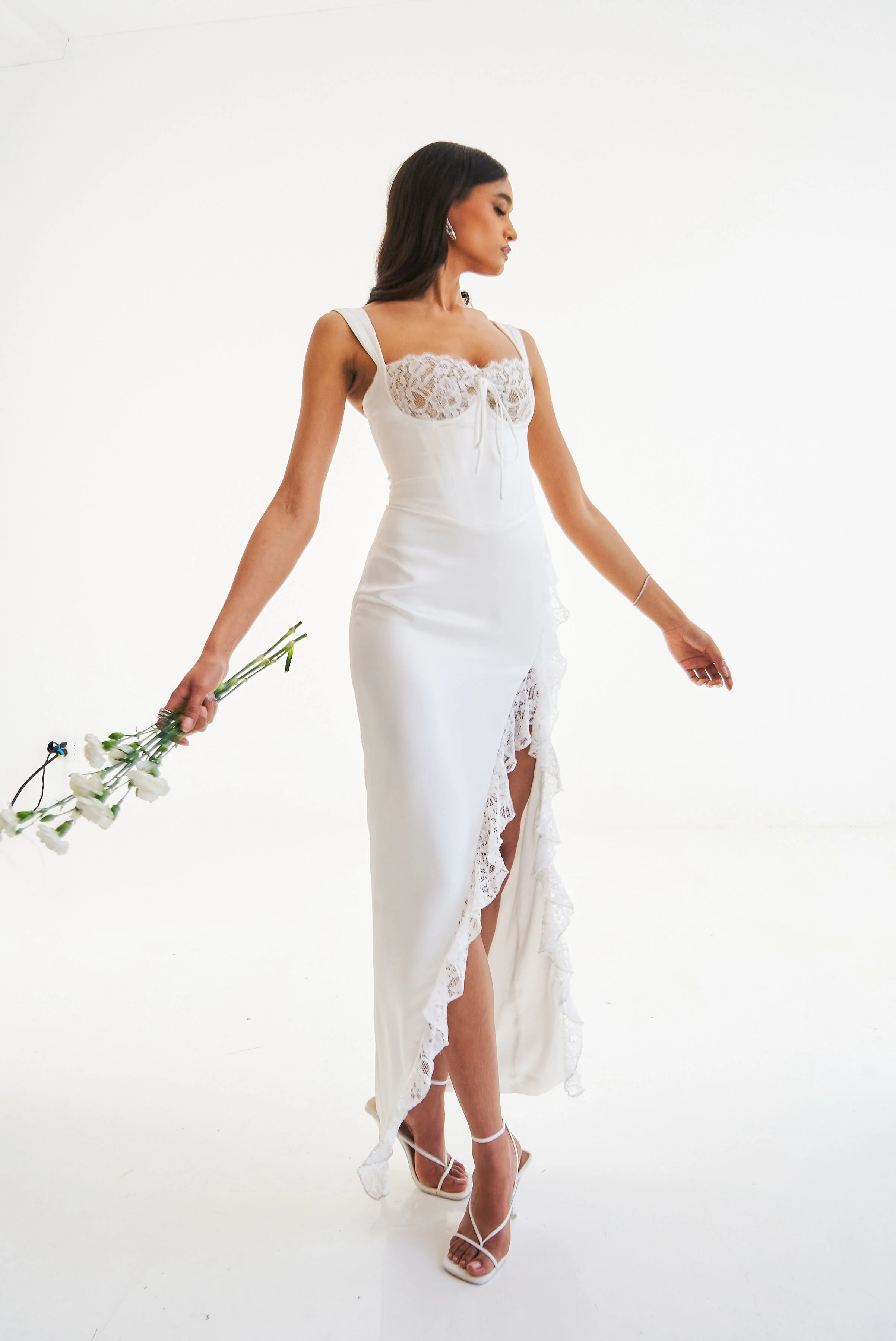 Freddie White Lace Satin Maxi Corset Dress - Image 9