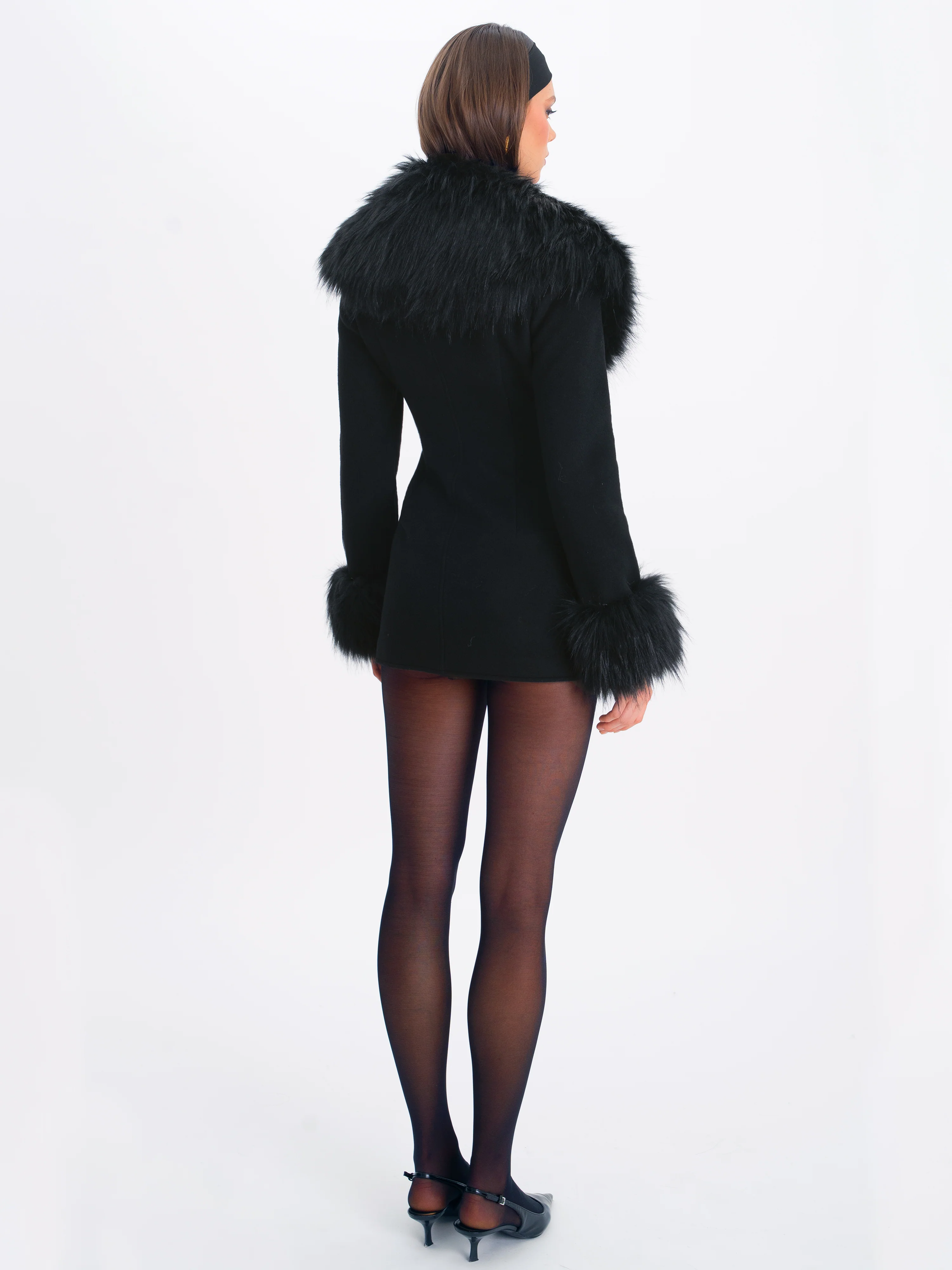 Hailee Black Single Breasted Wool Blend Mini Coat with Removable Fur Lapel - Image 13
