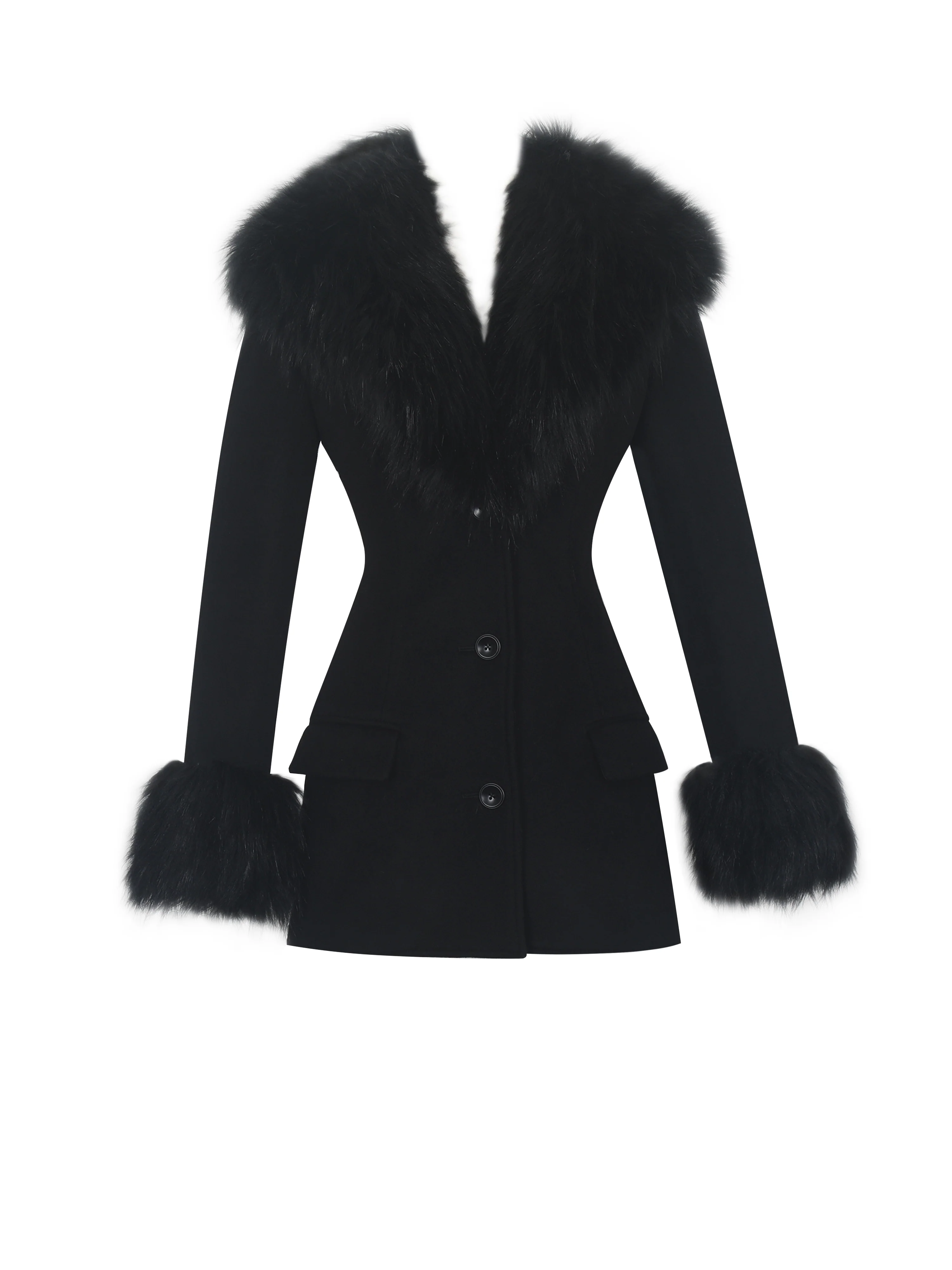Hailee Black Single Breasted Wool Blend Mini Coat with Removable Fur Lapel - Image 15