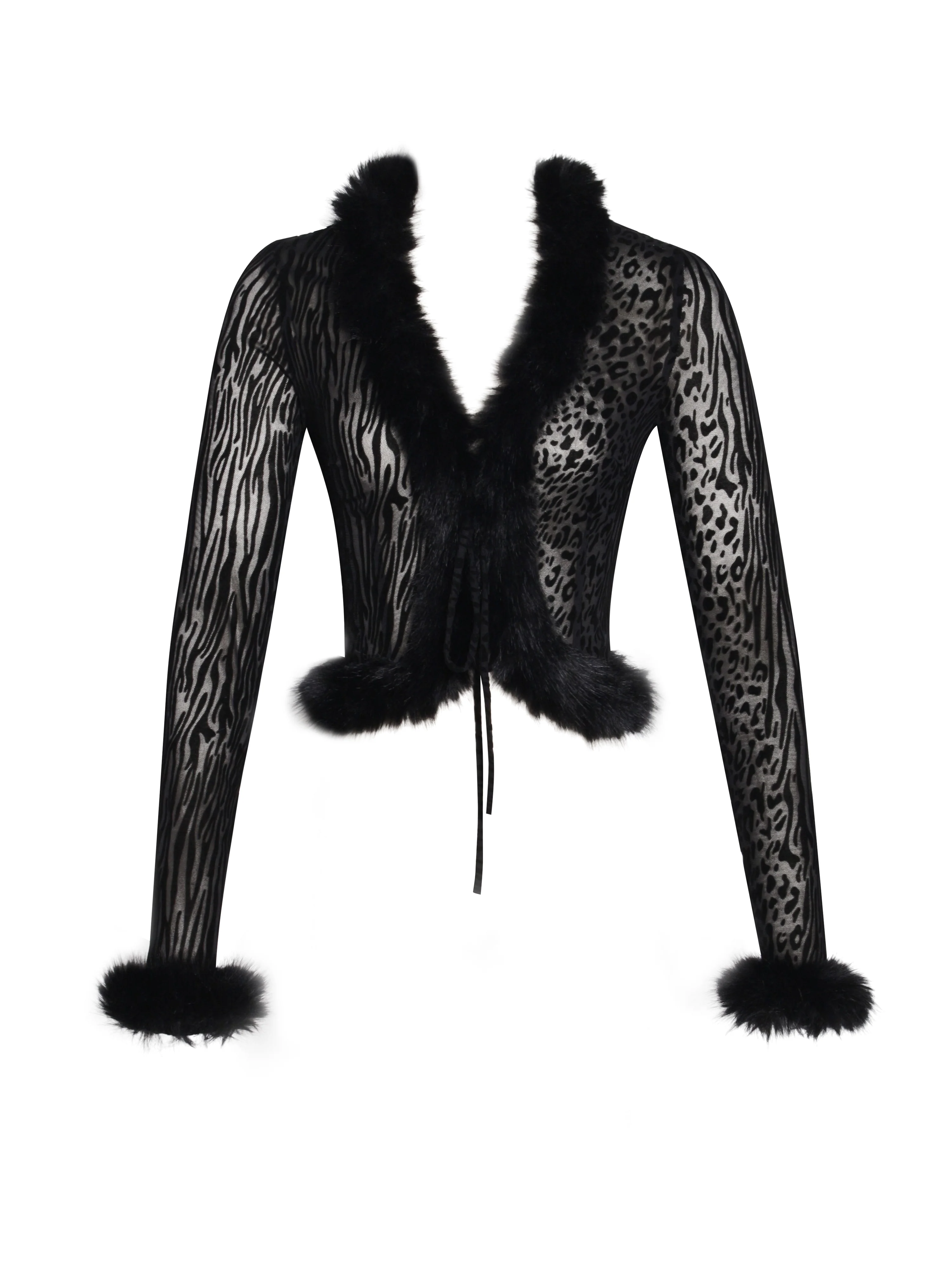 Hali Black Animal Print Burnout Velvet Fur Trim Top - Image 16