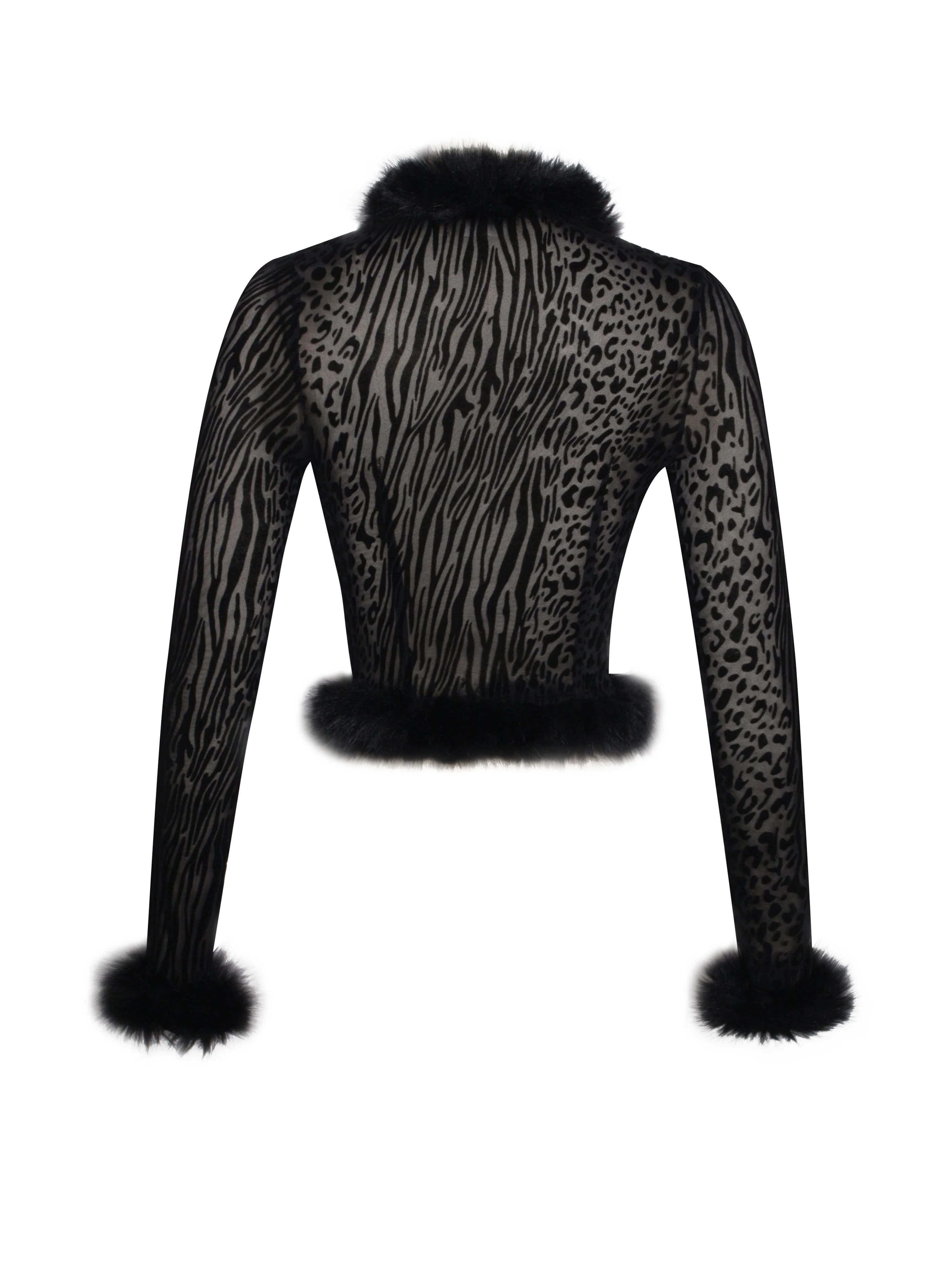 Hali Black Animal Print Burnout Velvet Fur Trim Top - Image 18