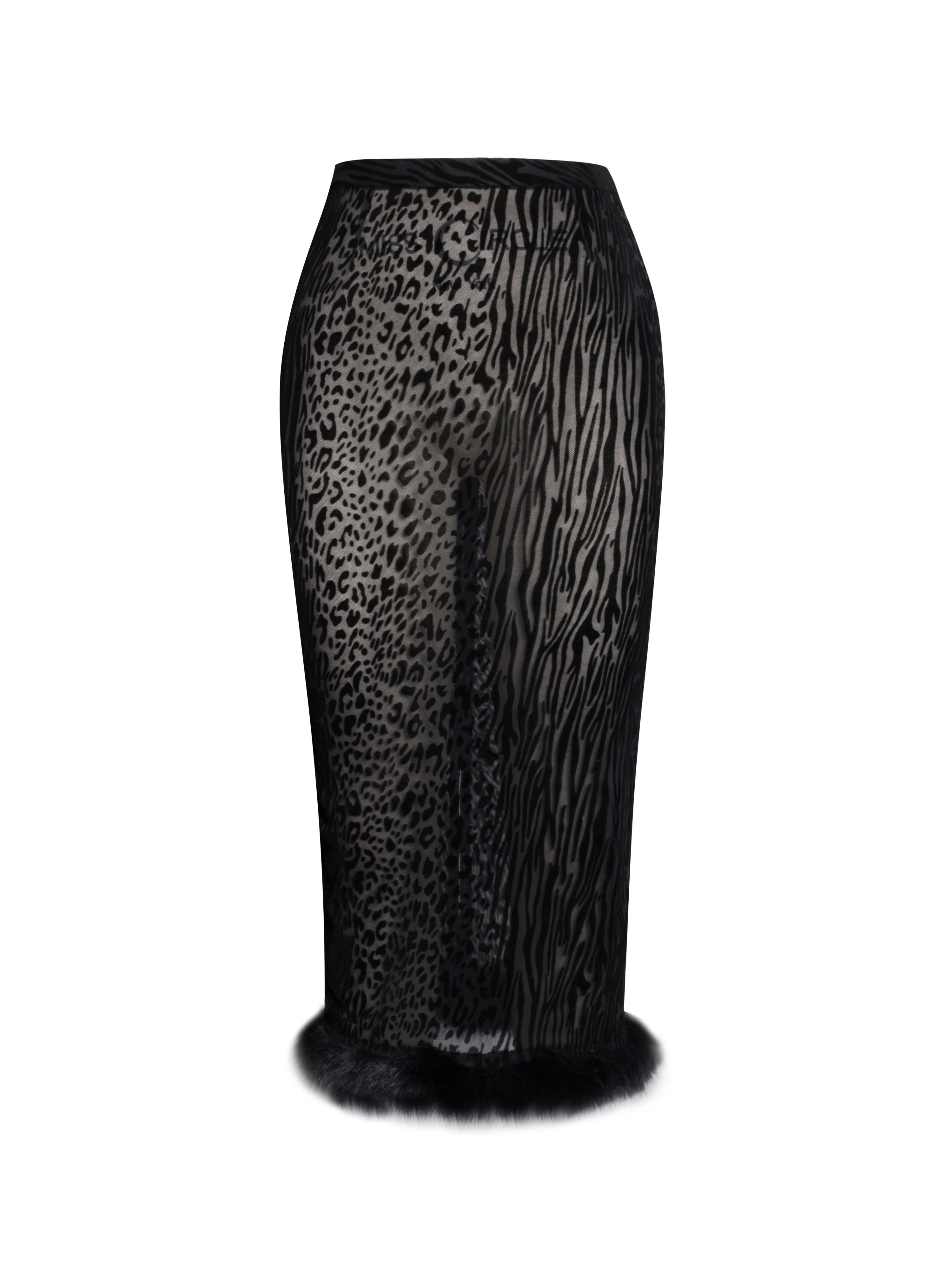 Halia Black Animal Print Burnout Velvet Fur Trim Skirt - Image 12