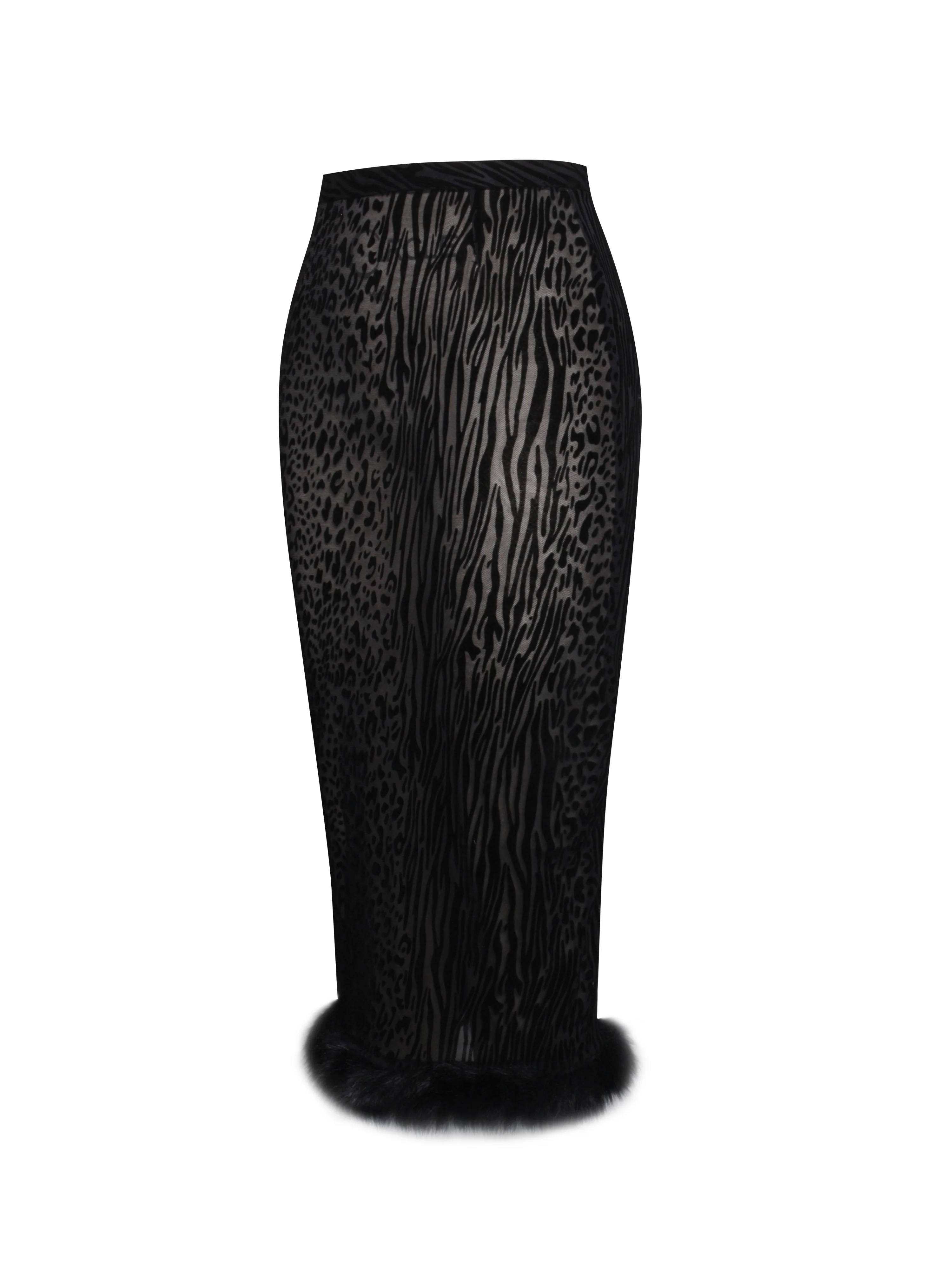 Halia Black Animal Print Burnout Velvet Fur Trim Skirt - Image 13