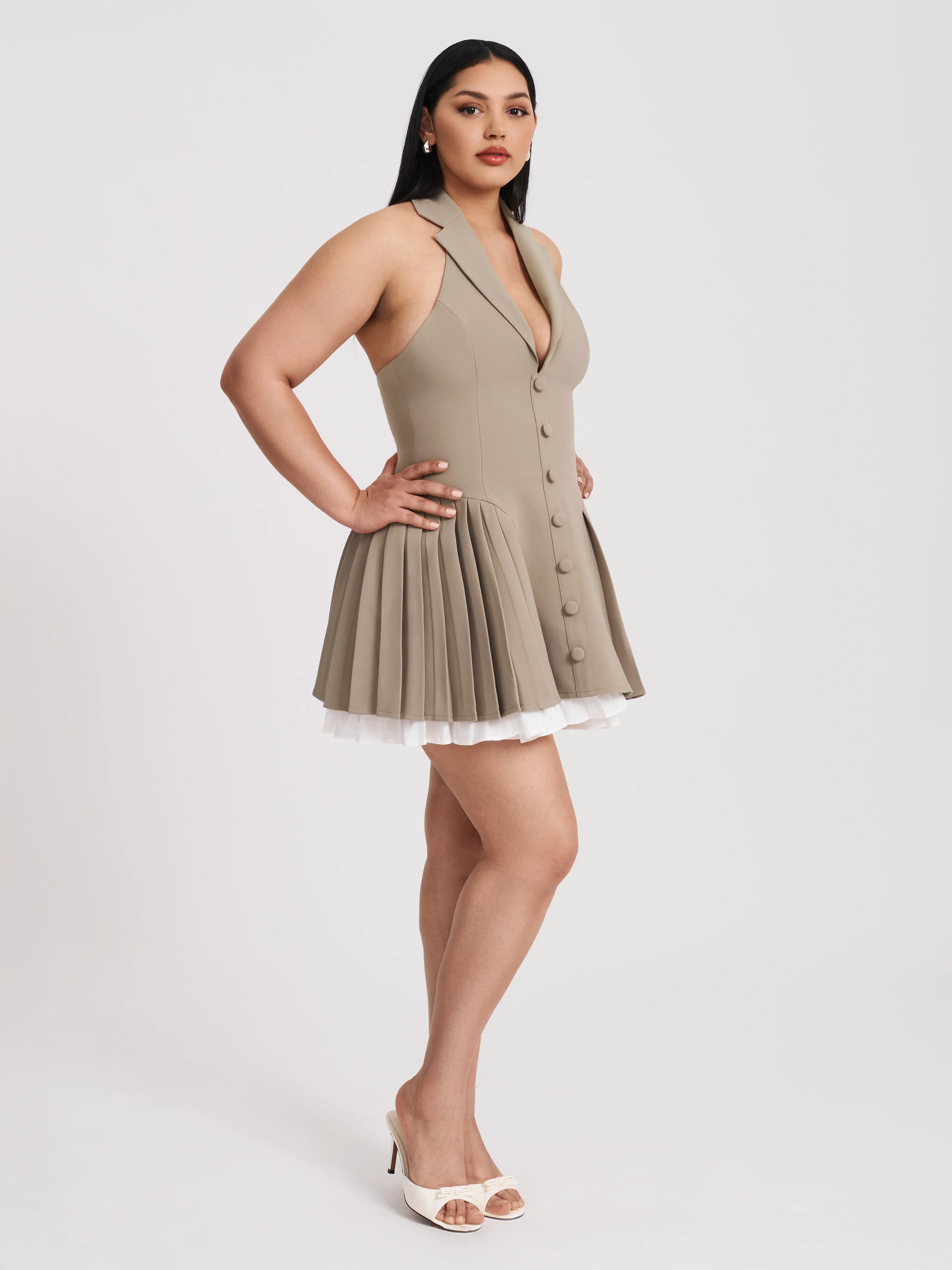 Hazel Brown Preppy Halter Neck Pleated Mini Dress - Image 10