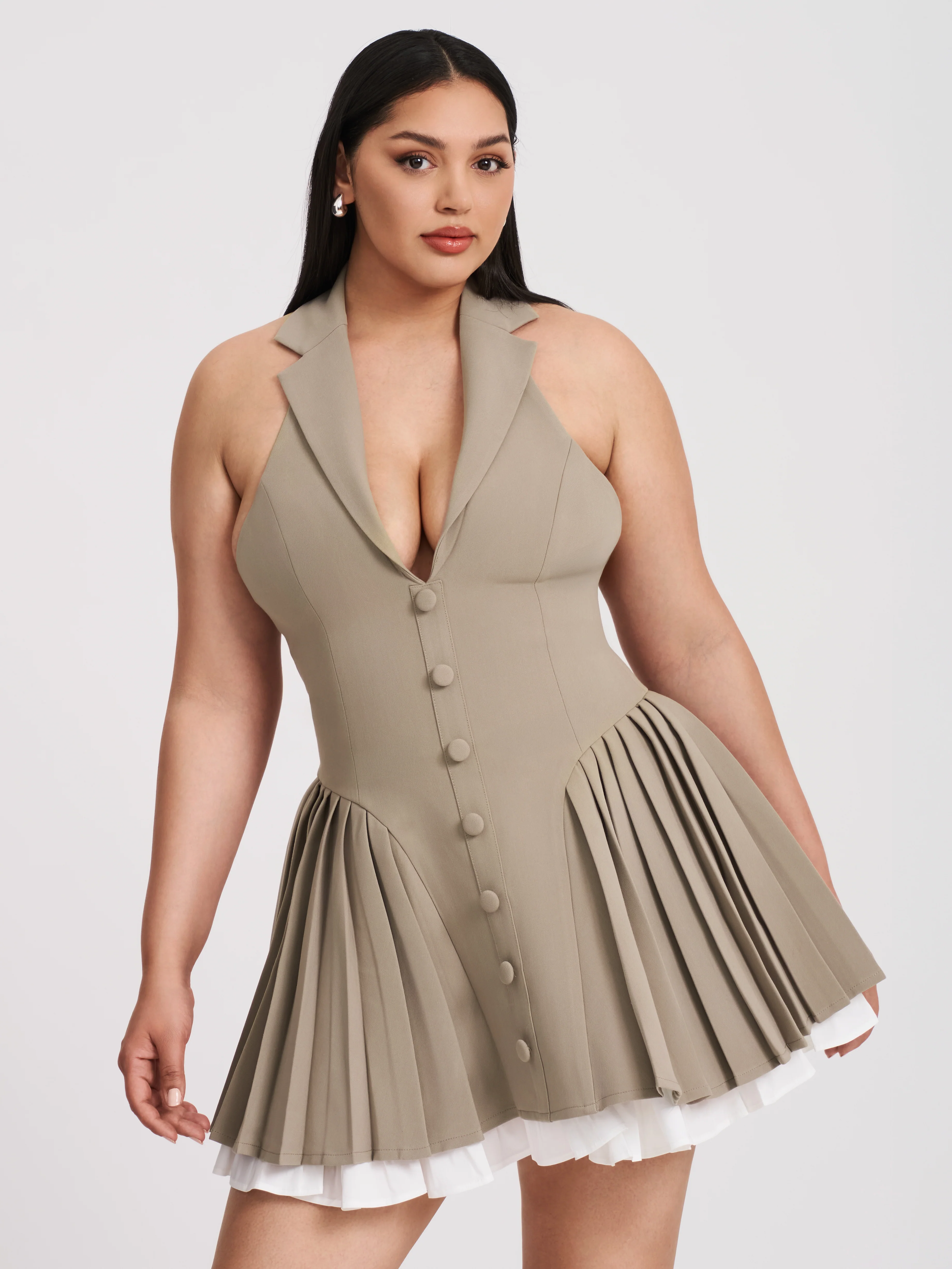 Hazel Brown Preppy Halter Neck Pleated Mini Dress - Image 8
