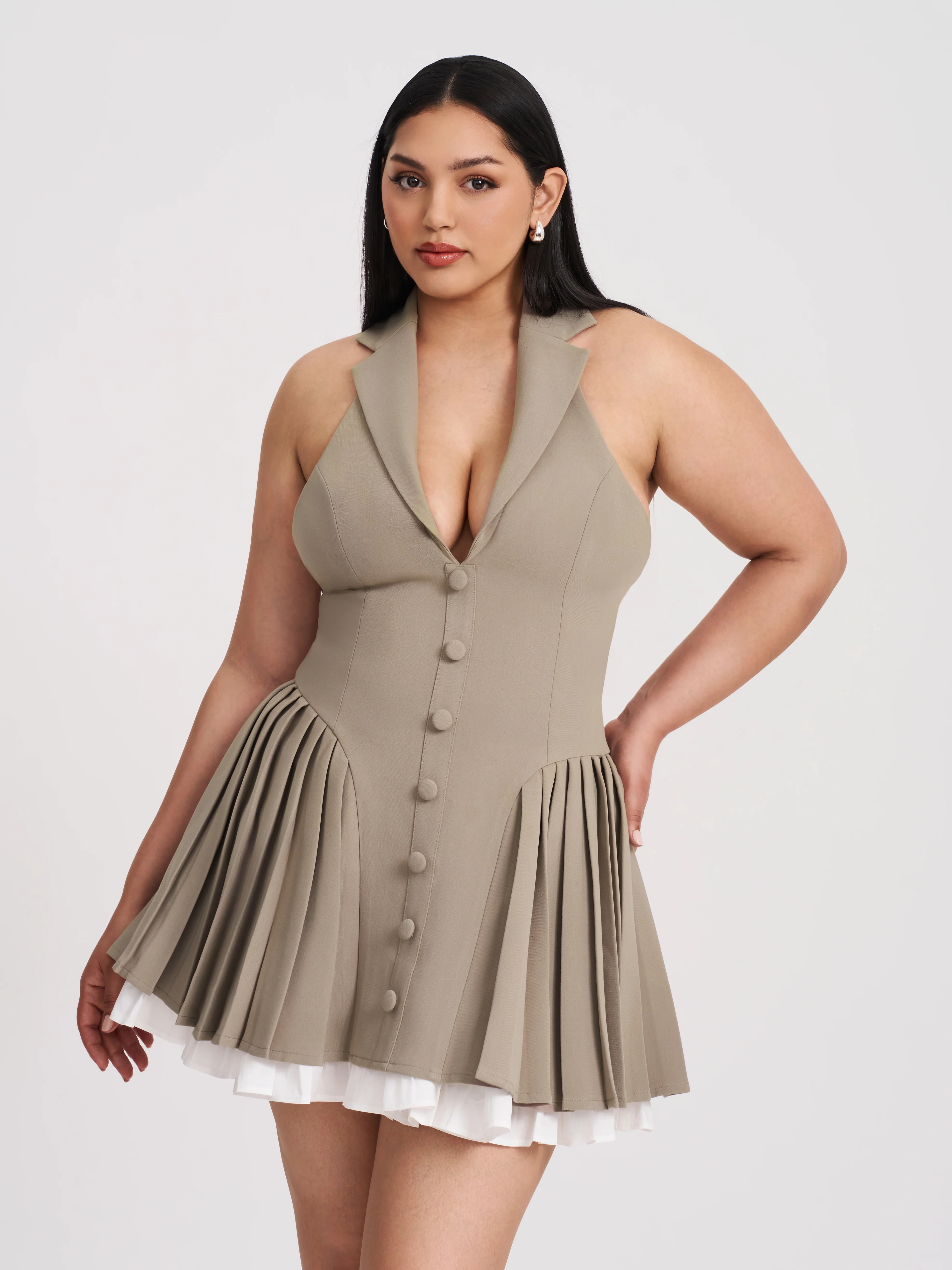 Hazel Brown Preppy Halter Neck Pleated Mini Dress - Image 9
