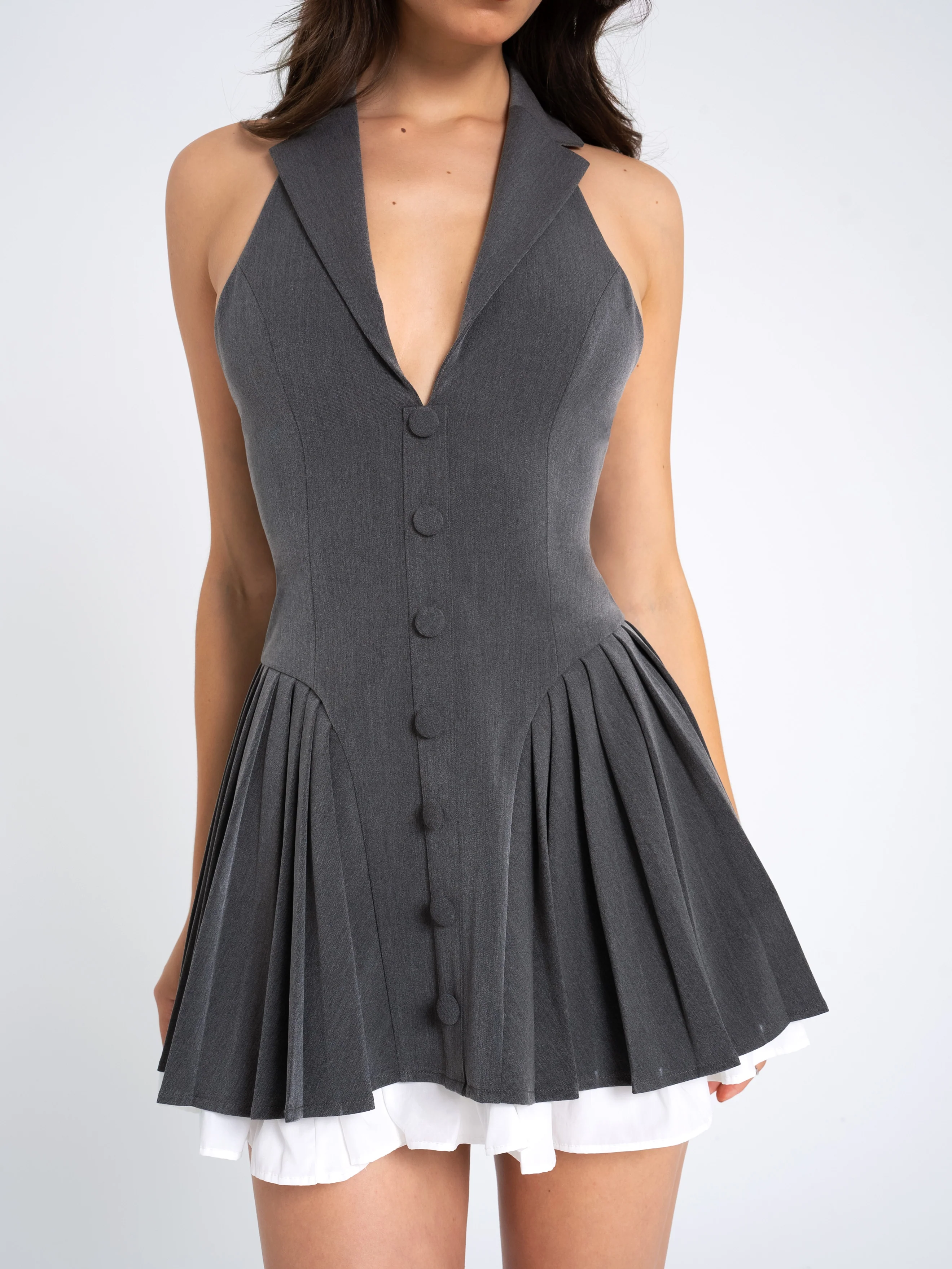Hazel Grey Preppy Halter Neck Pleated Mini Dress - Image 11