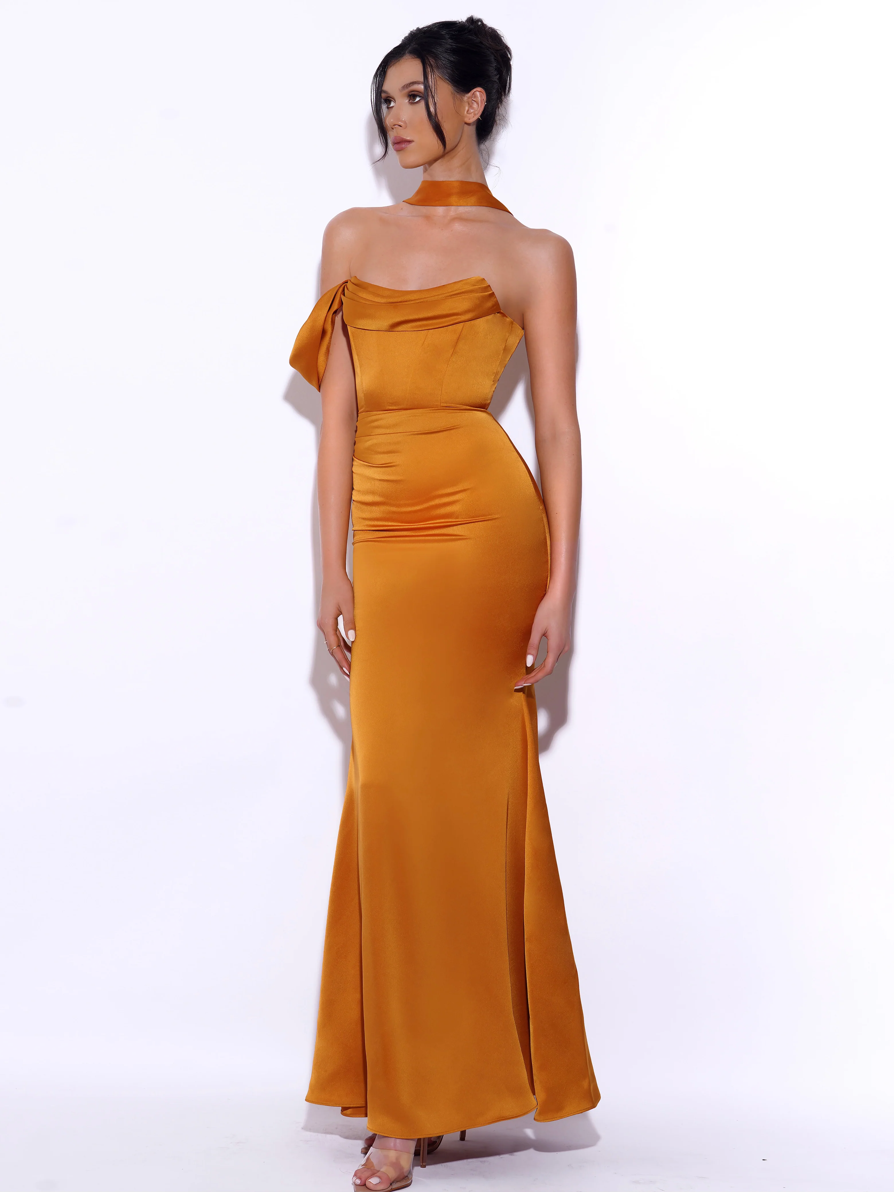 Ivona Gold Halter Neck Double Duchess Satin Gown - Image 4