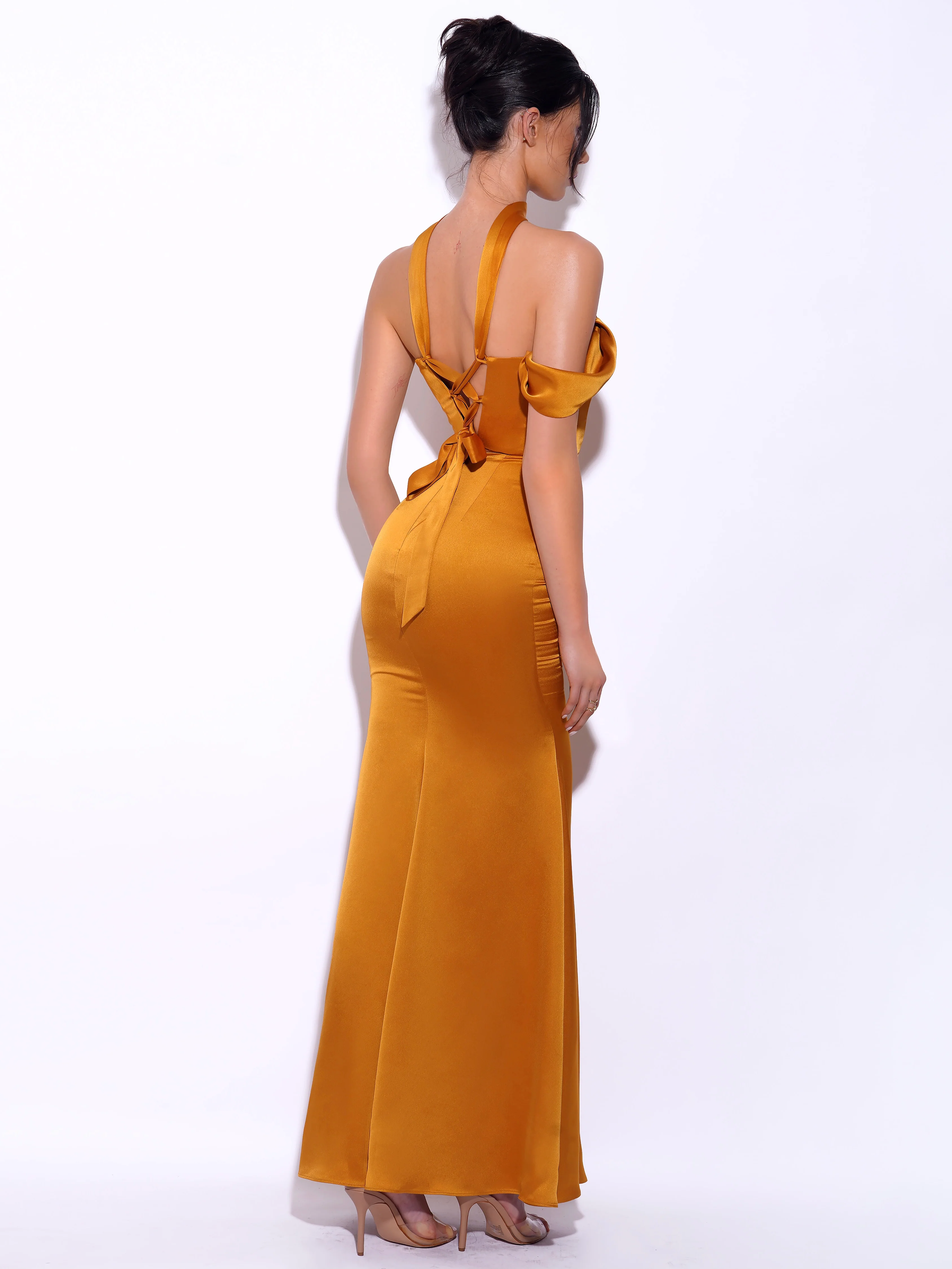 Ivona Gold Halter Neck Double Duchess Satin Gown - Image 6