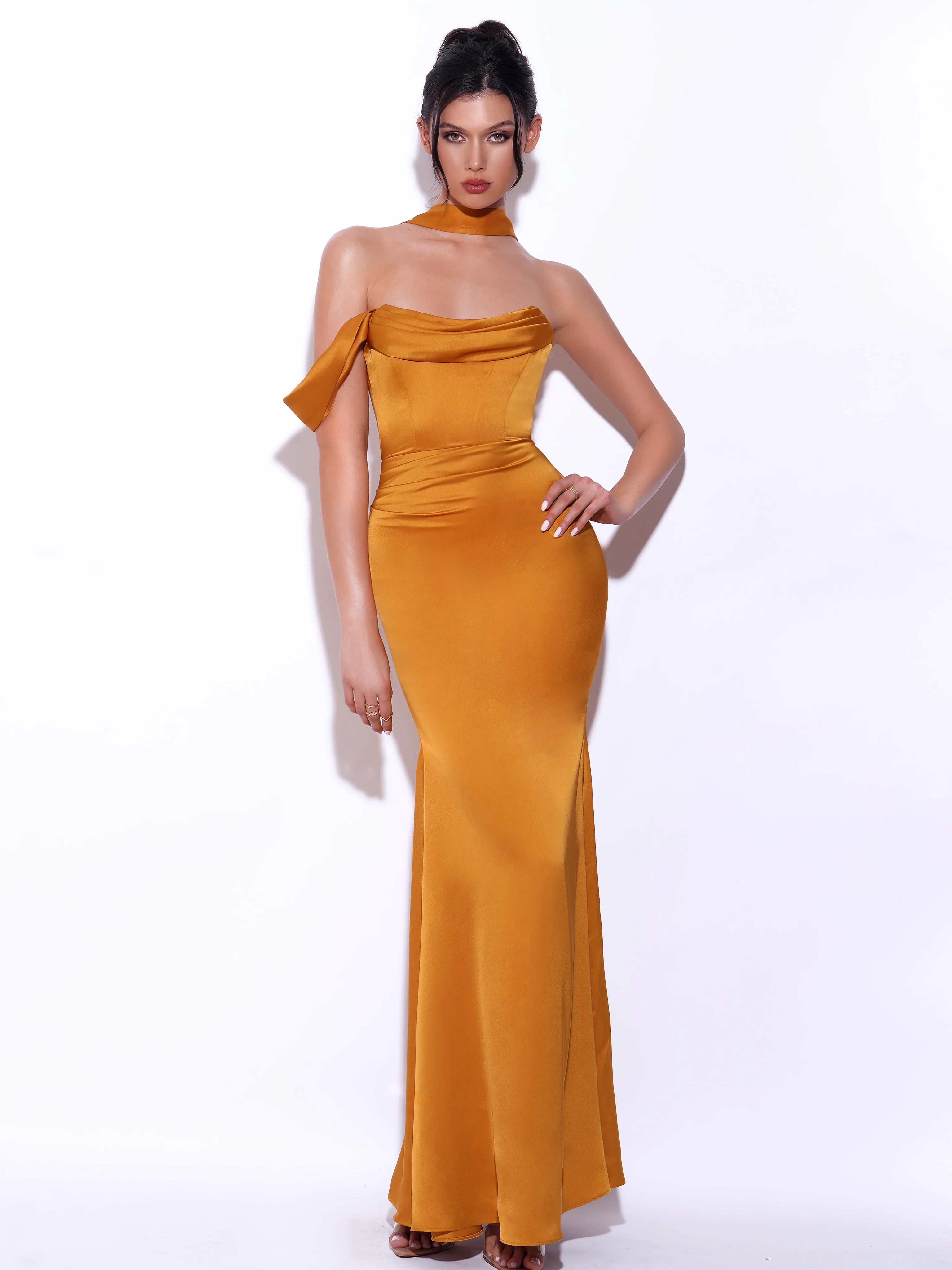 Ivona Gold Halter Neck Double Duchess Satin Gown - Image 7