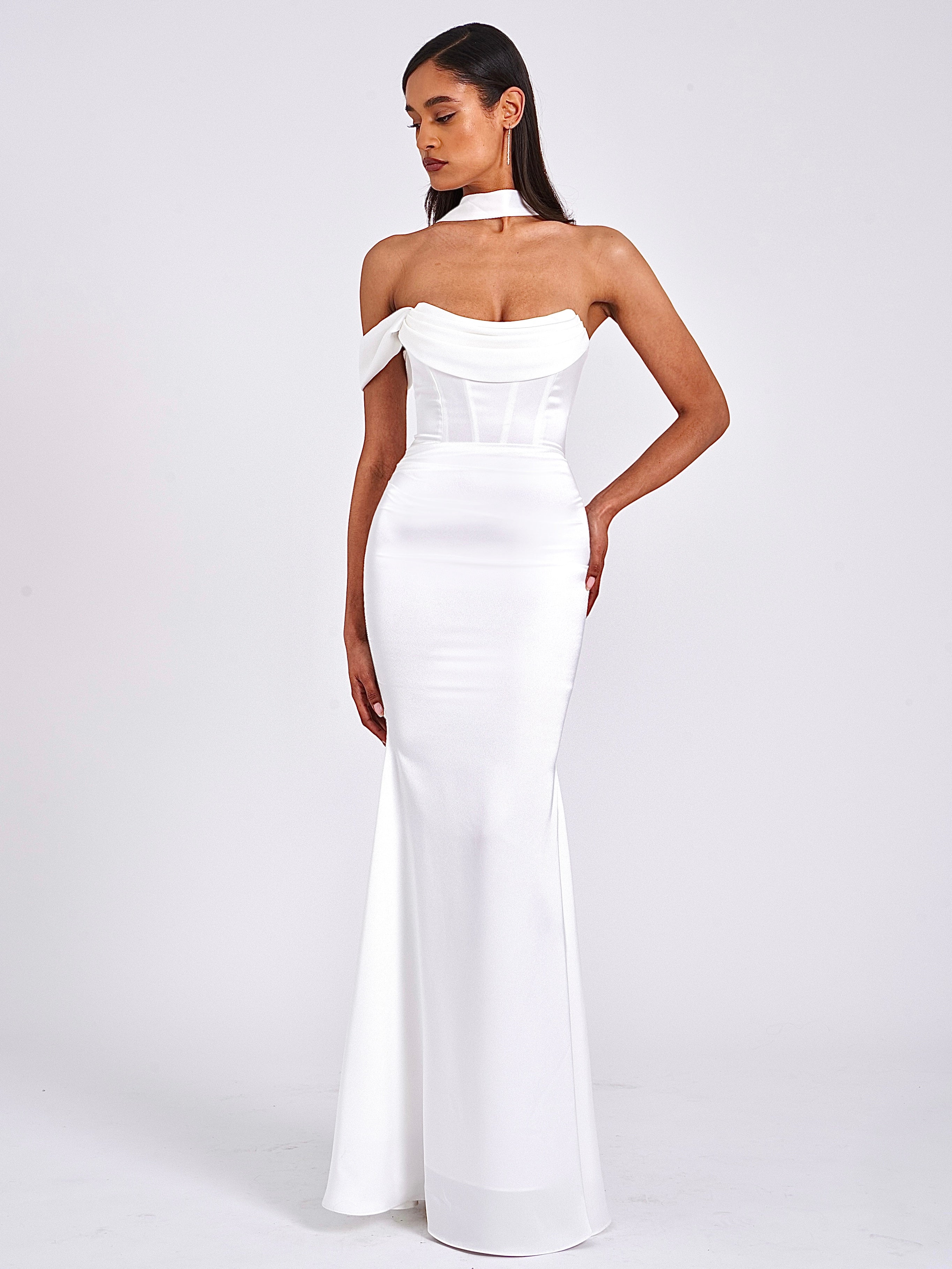 Ivona White Halter Neck Double Duchess Satin Gown - Image 3