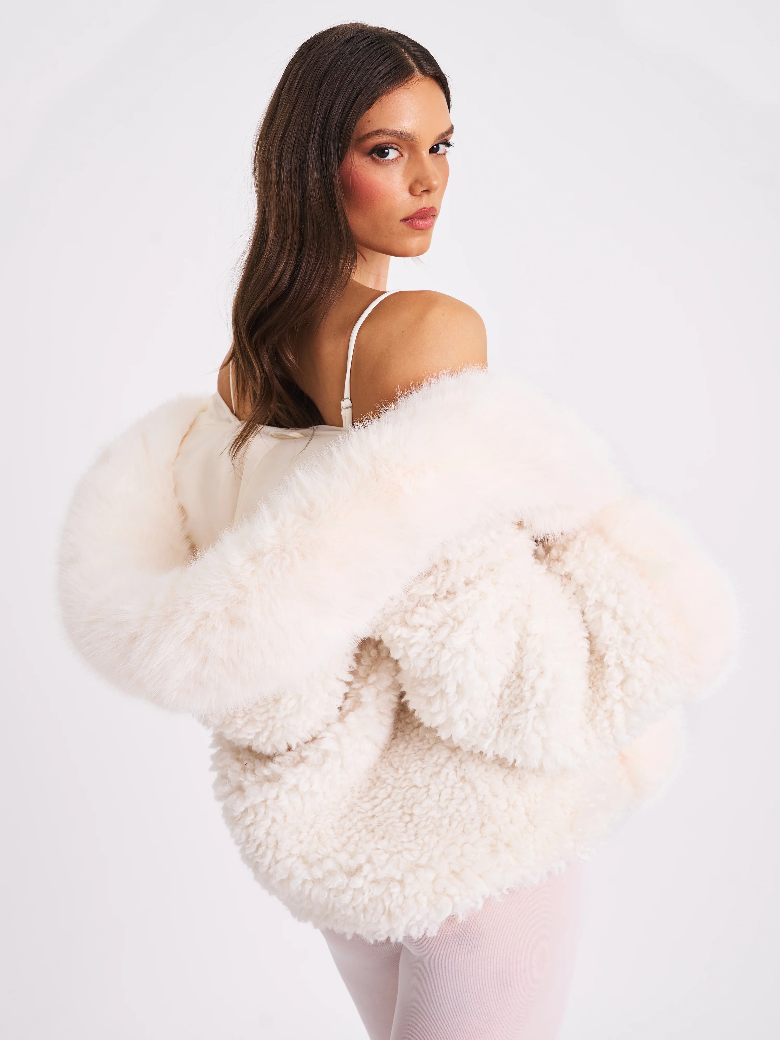 Jumbo Kali White Vegan Shearling Fur Trimmed Coat - Image 11