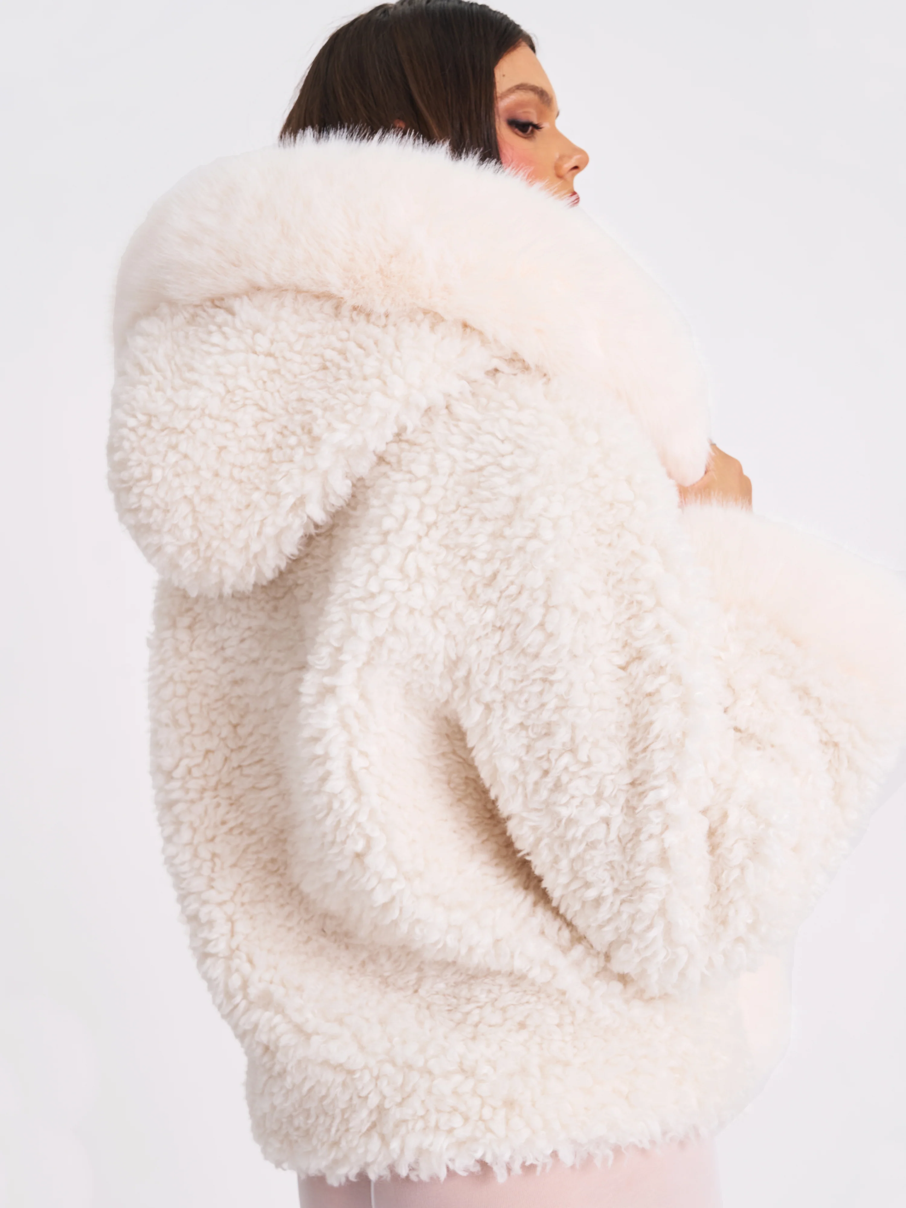 Jumbo Kali White Vegan Shearling Fur Trimmed Coat - Image 9