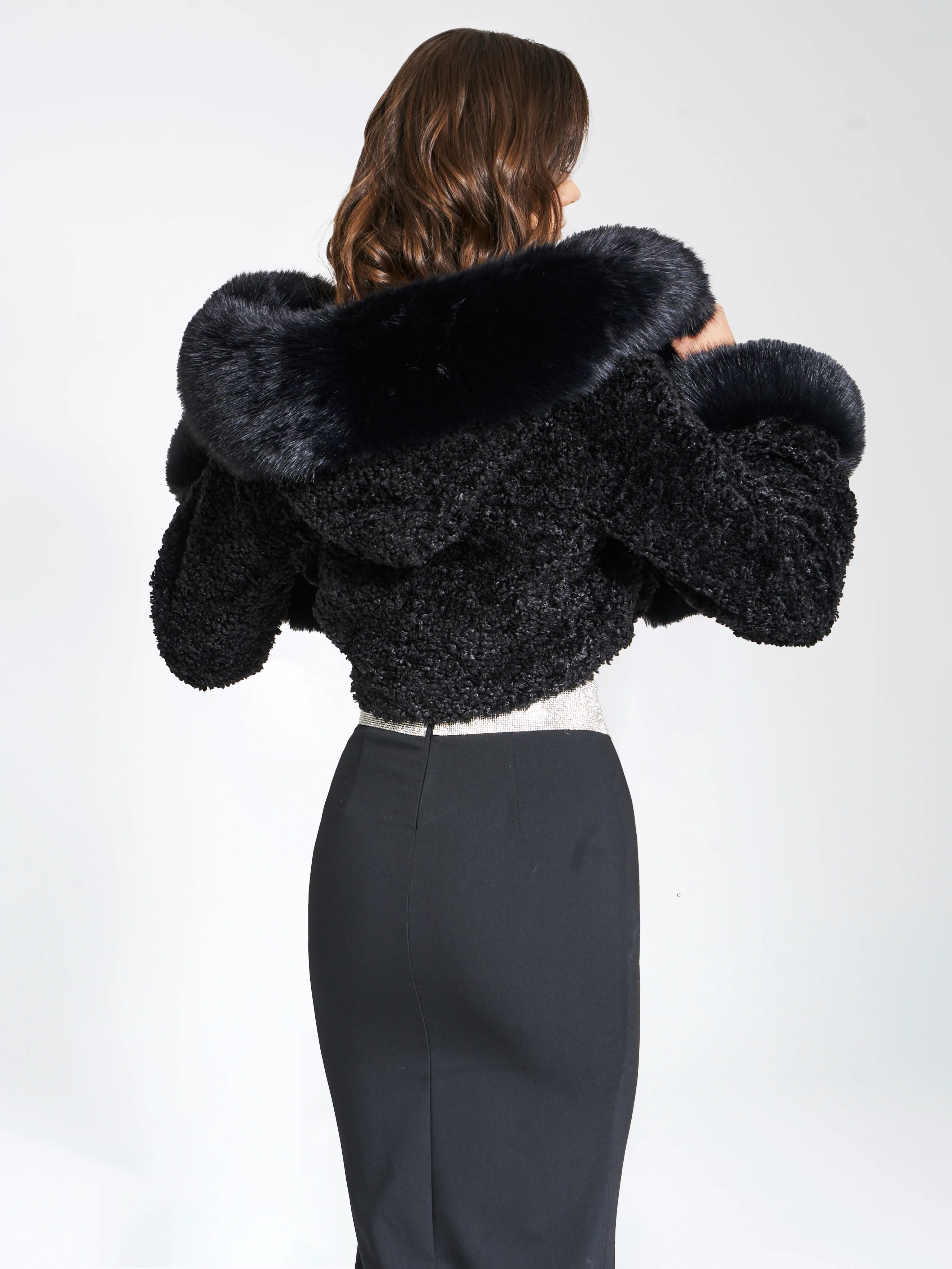 Kali Black Cropped Vegan Fur Jacket With Hood - Image 3