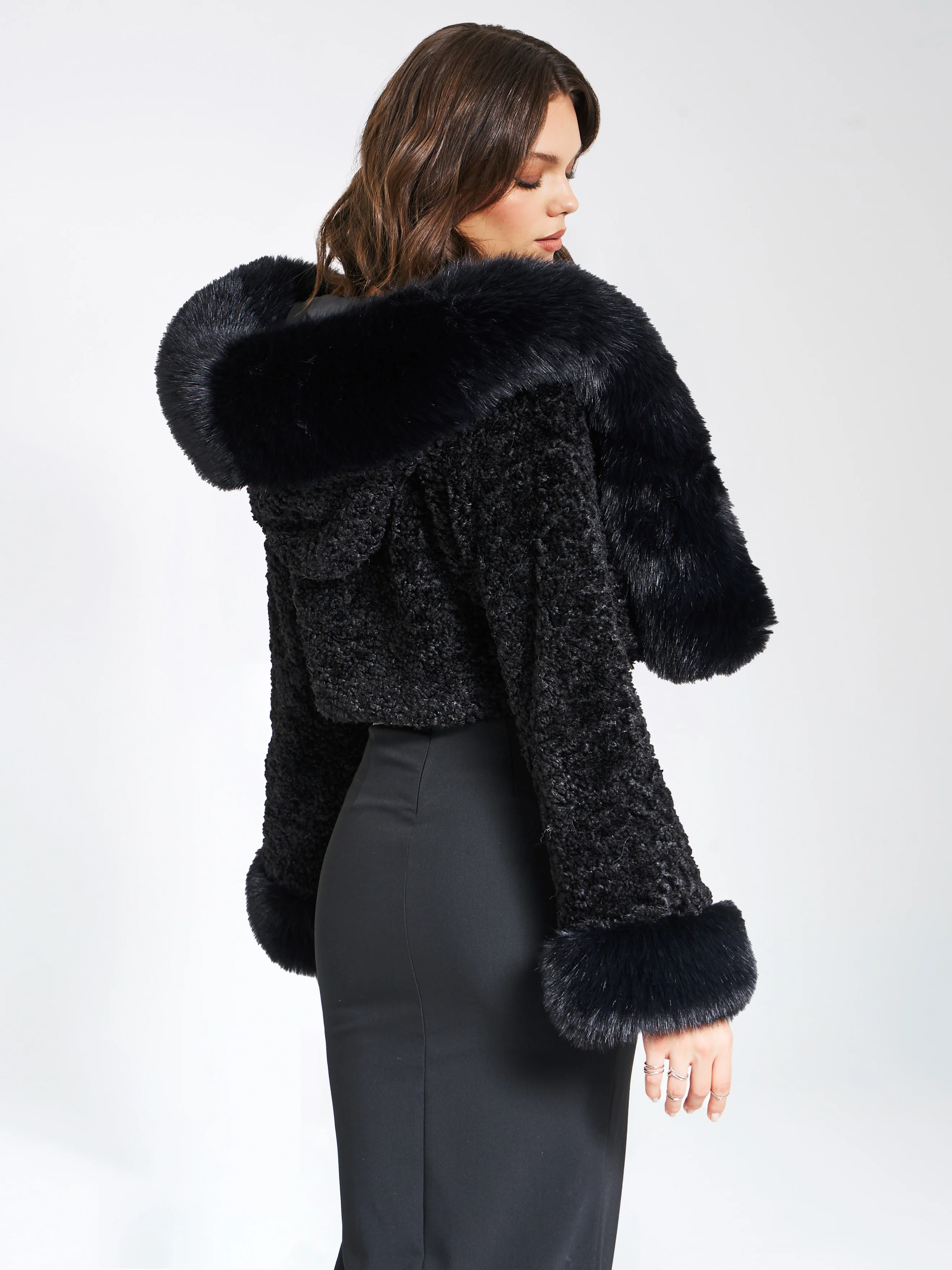 Kali Black Cropped Vegan Fur Jacket With Hood - Image 4